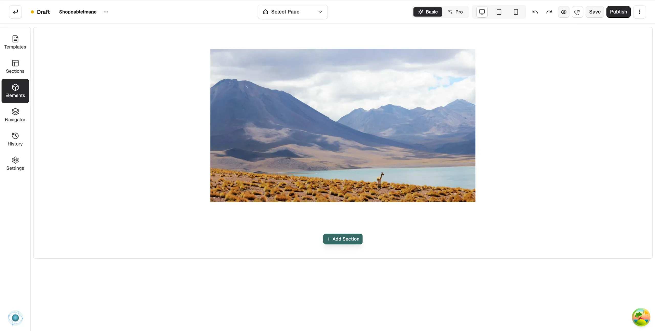 A Shoppable Image element on the page builder canvas showing a landscape photo