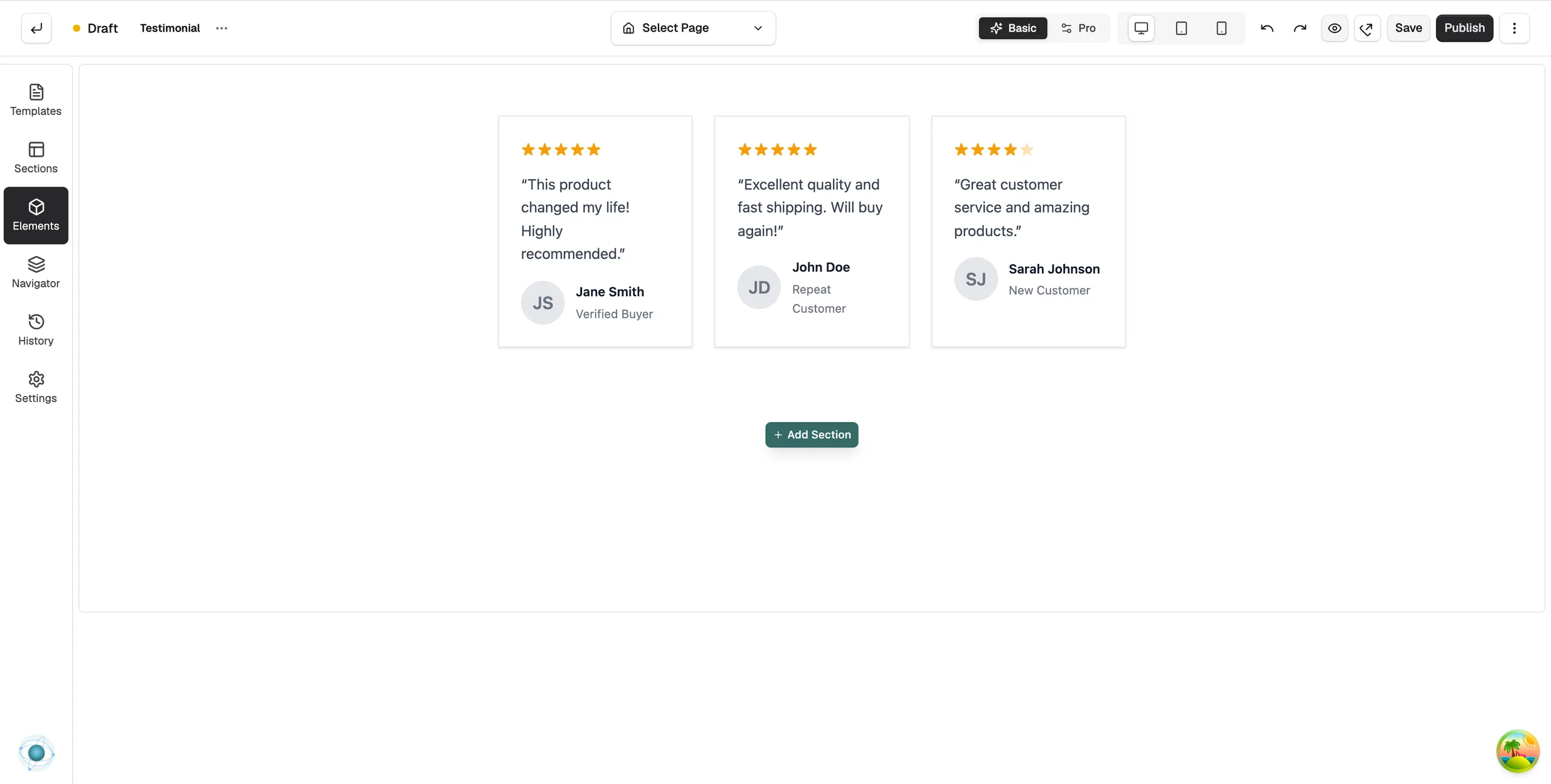 A Testimonial element on the page builder canvas showing three quote cards with star ratings, names and titles