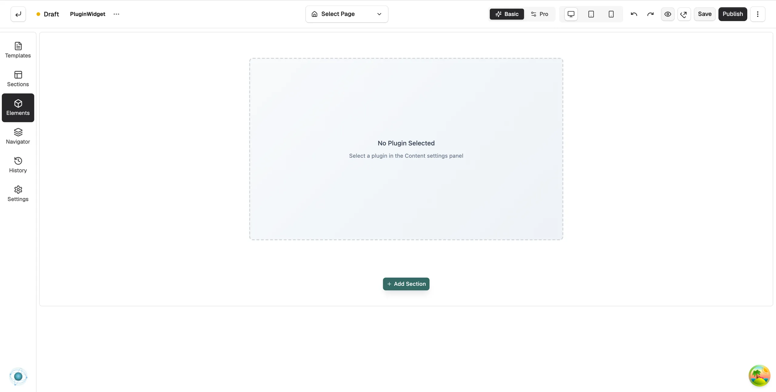 A Plugin Widget on the page builder canvas, with the Plugin and Target settings open on the right