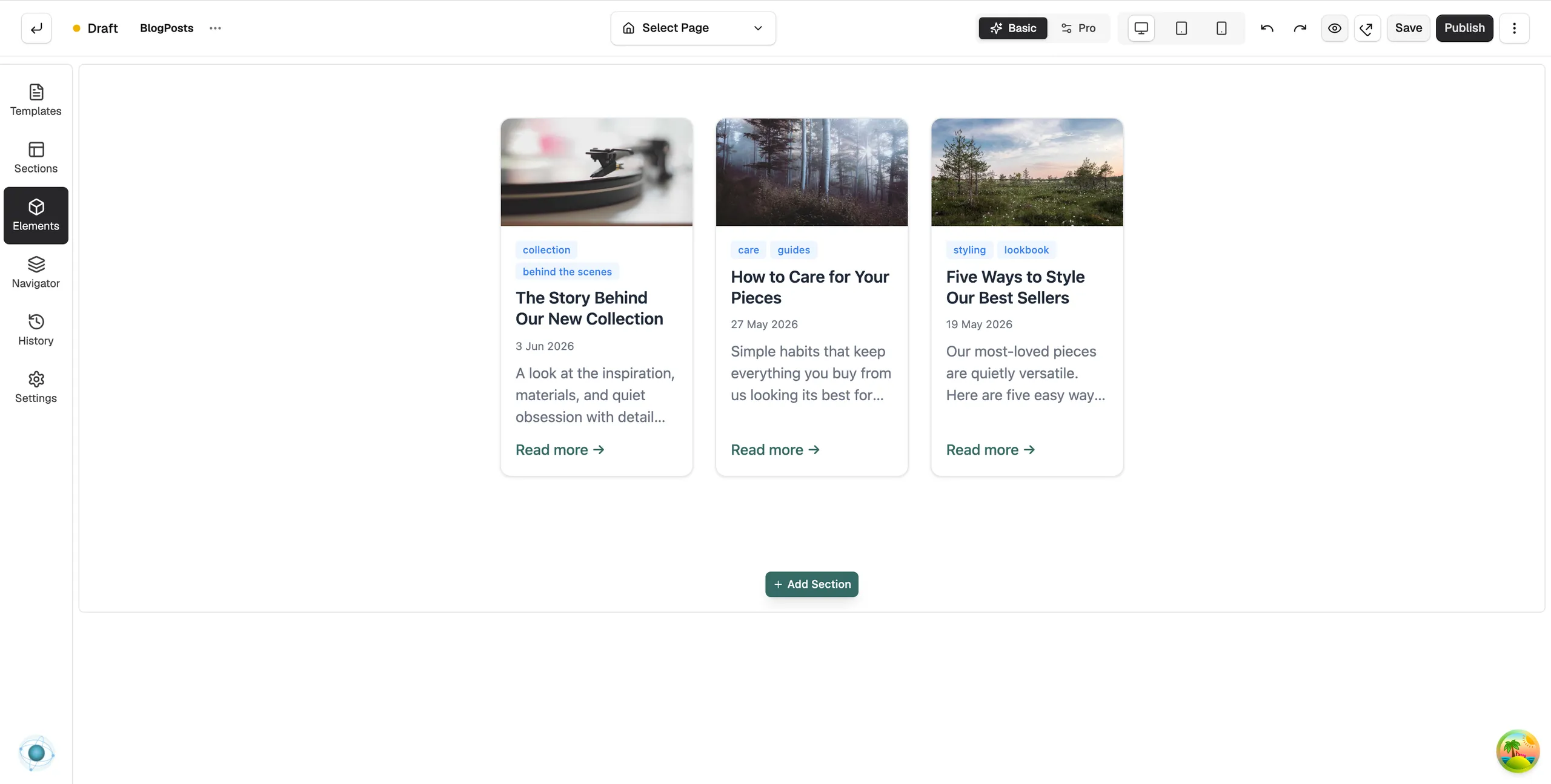 A Blog Listing on the page builder canvas showing three post cards with image, tags, title, date, excerpt and a Read more link