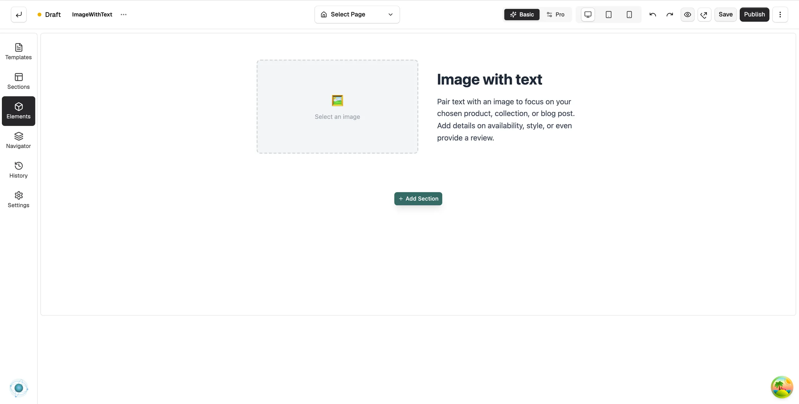 A new Image with Text element on the page builder canvas, with an empty image box on the left and sample heading and body text on the right