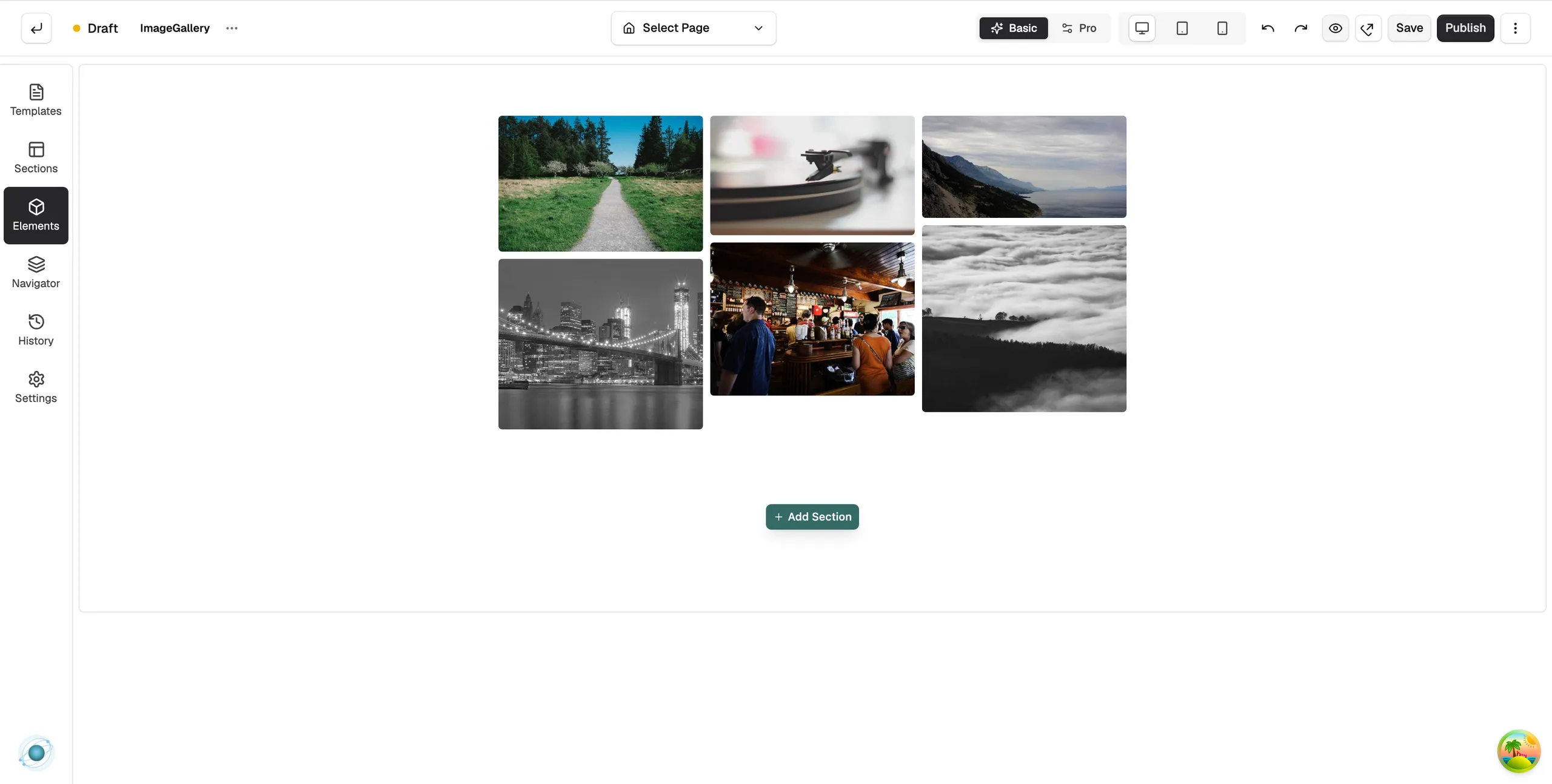 An Image Gallery element on the page builder canvas, showing pictures in a grid