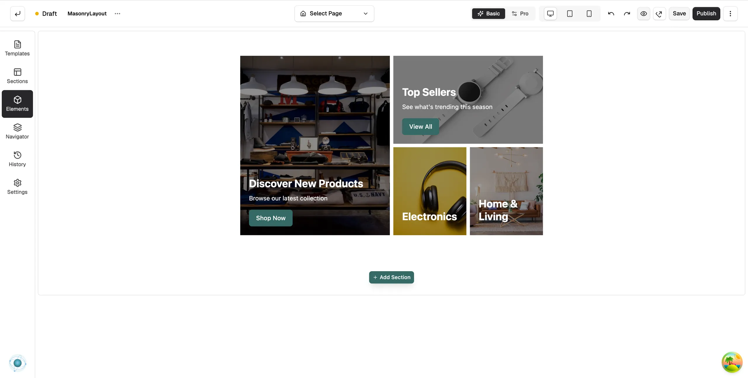 A new Masonry Layout element on the page builder canvas with four sample banners of different sizes, including Discover New Products, Top Sellers, Electronics and Home and Living