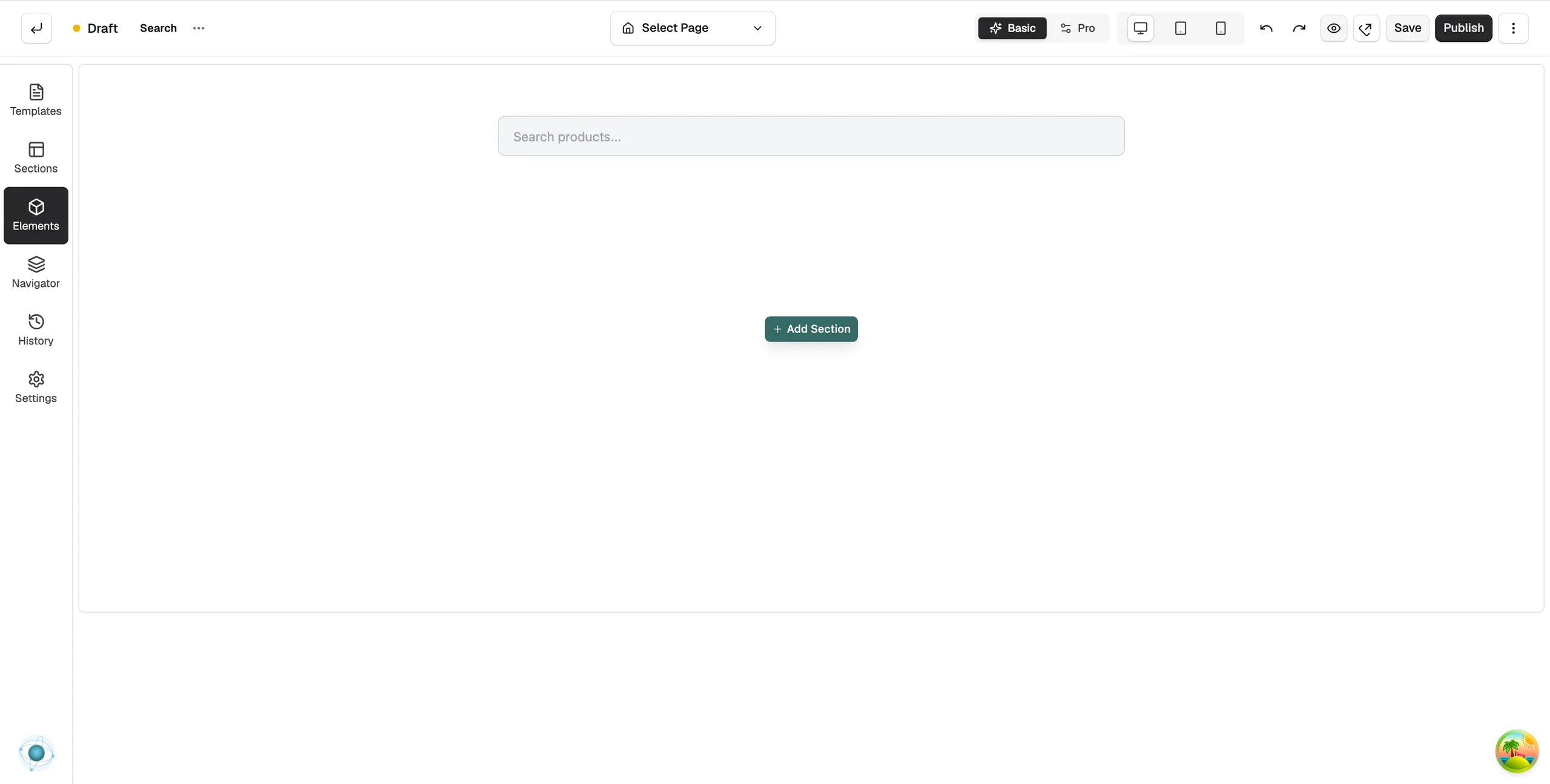 A Search element on the page builder canvas, with its settings open on the right