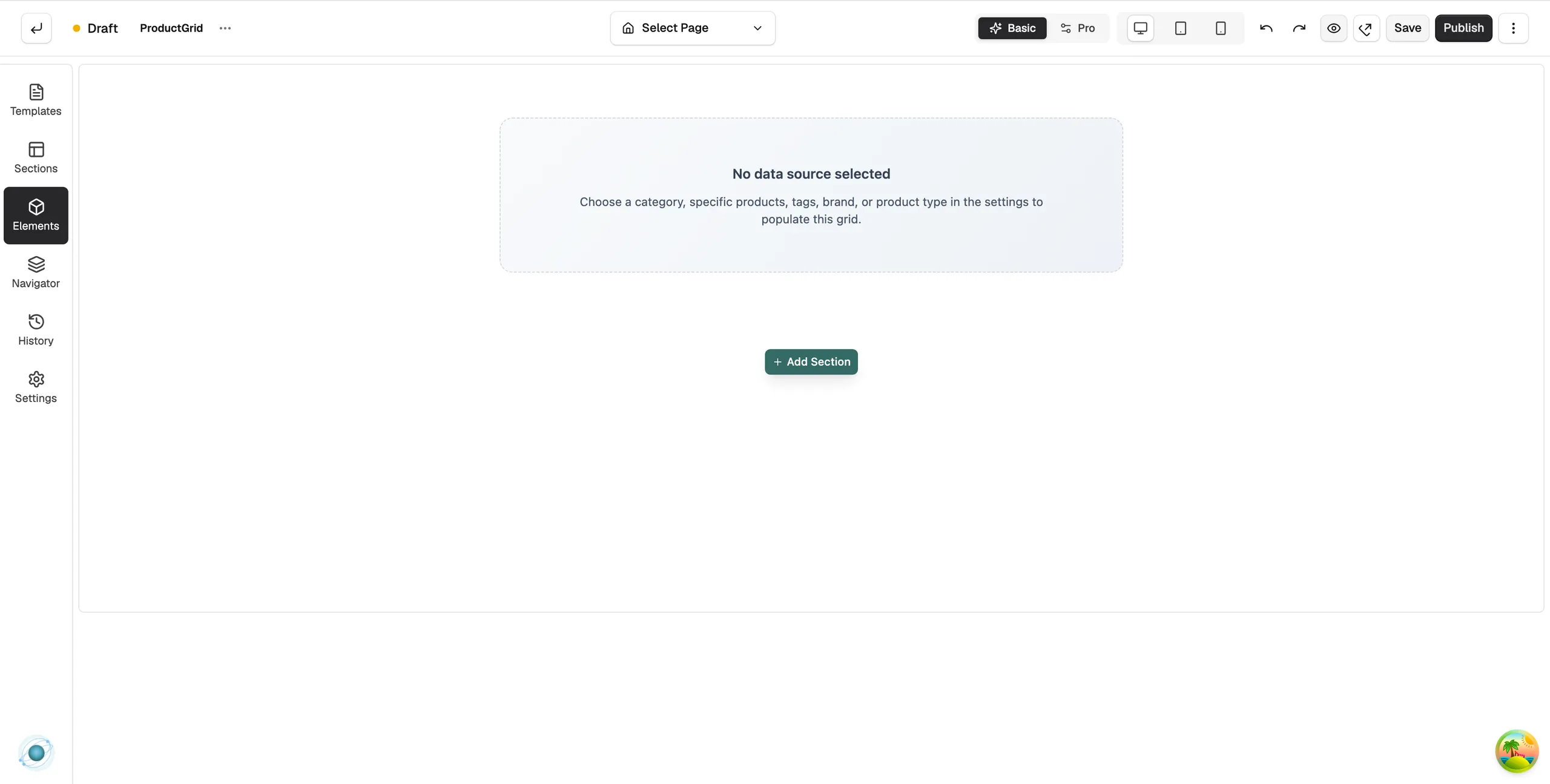 A Product Grid on the page builder canvas, with the Data Source settings open on the right