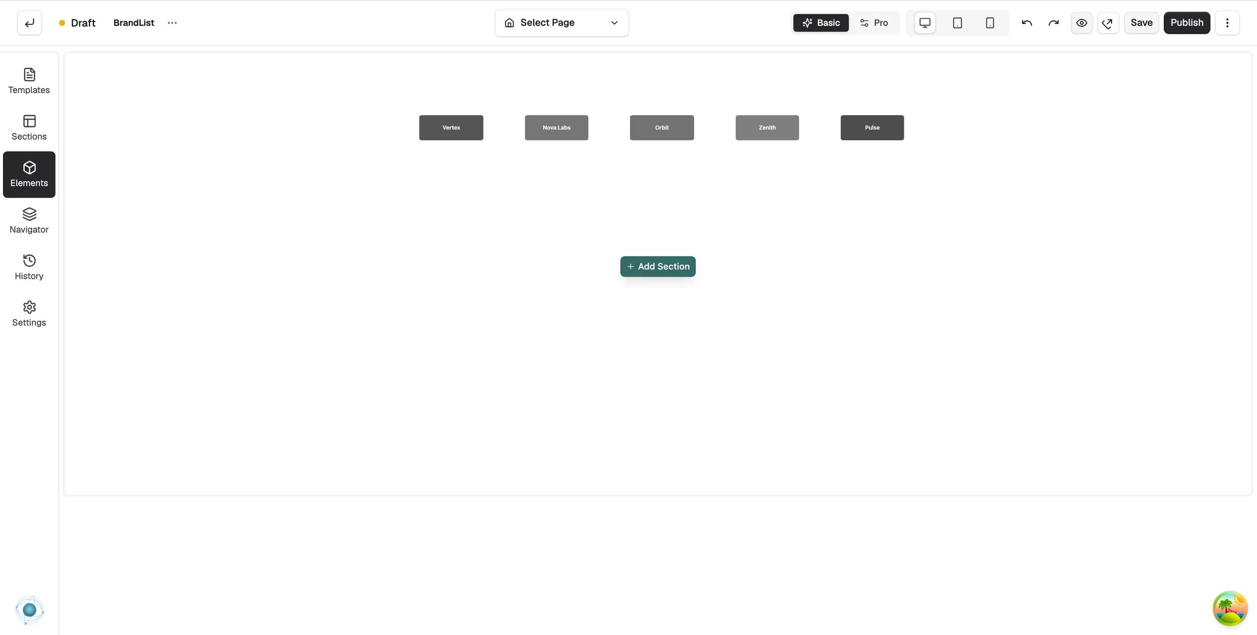 A Brand List on the page builder canvas showing five placeholder brand logos in a row