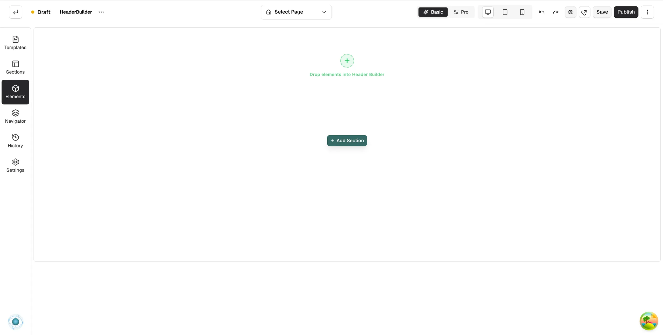 A Header Builder on the page builder canvas, ready for a logo, a menu and icons to be dropped into it