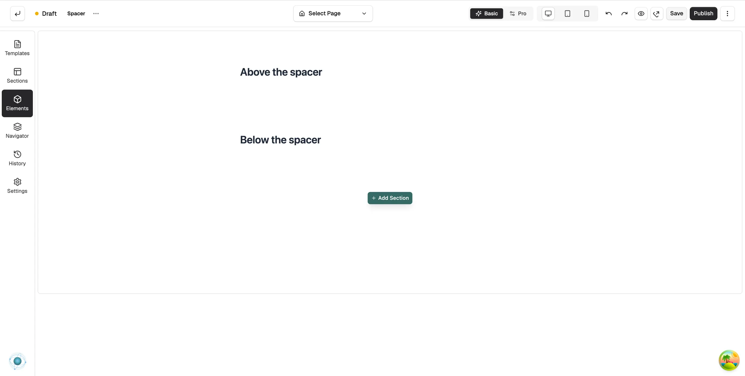 A Spacer element on the page builder canvas leaving a gap between two headings