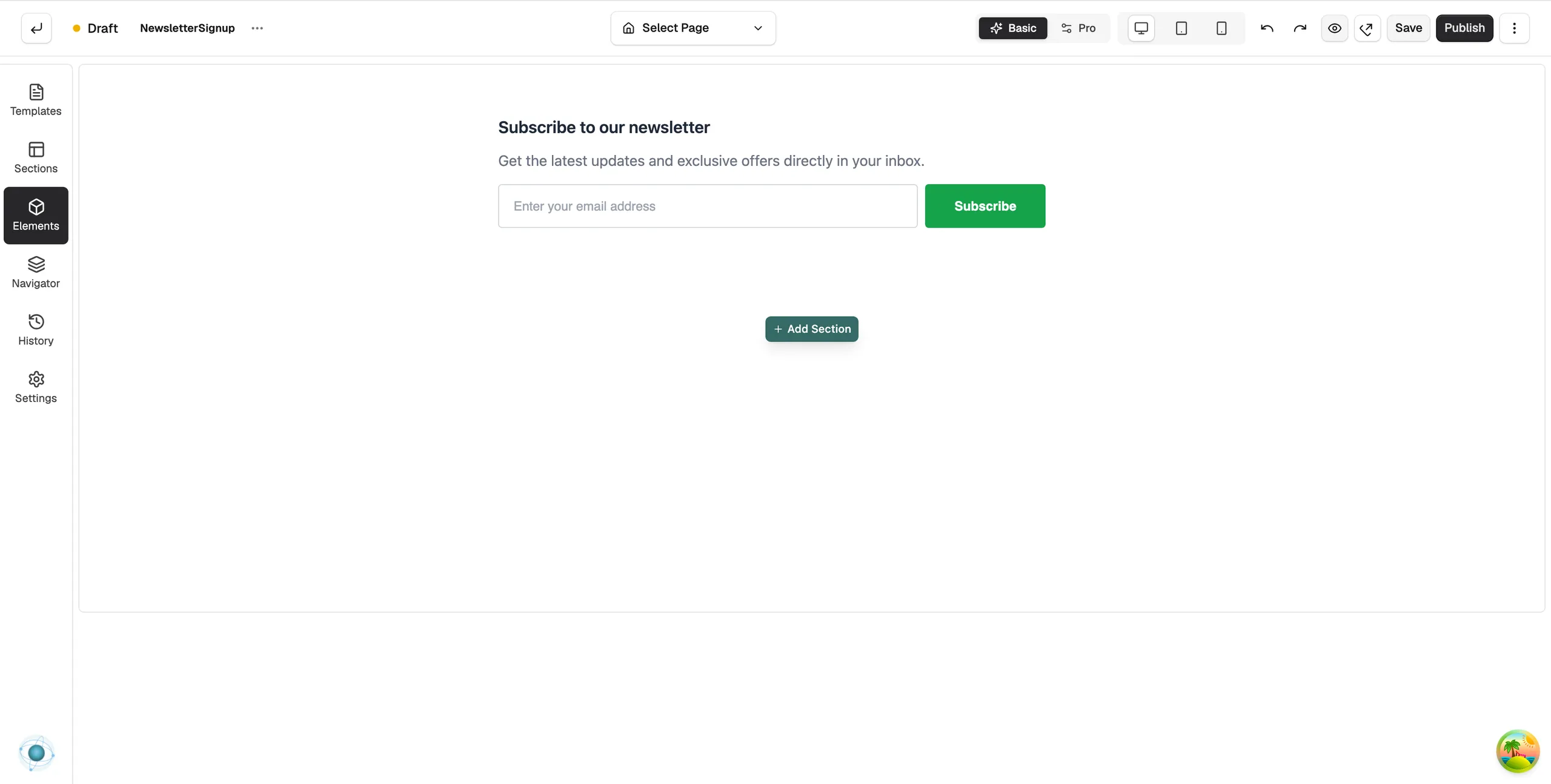 A Newsletter Signup form on the page builder canvas, with the Content settings open on the right