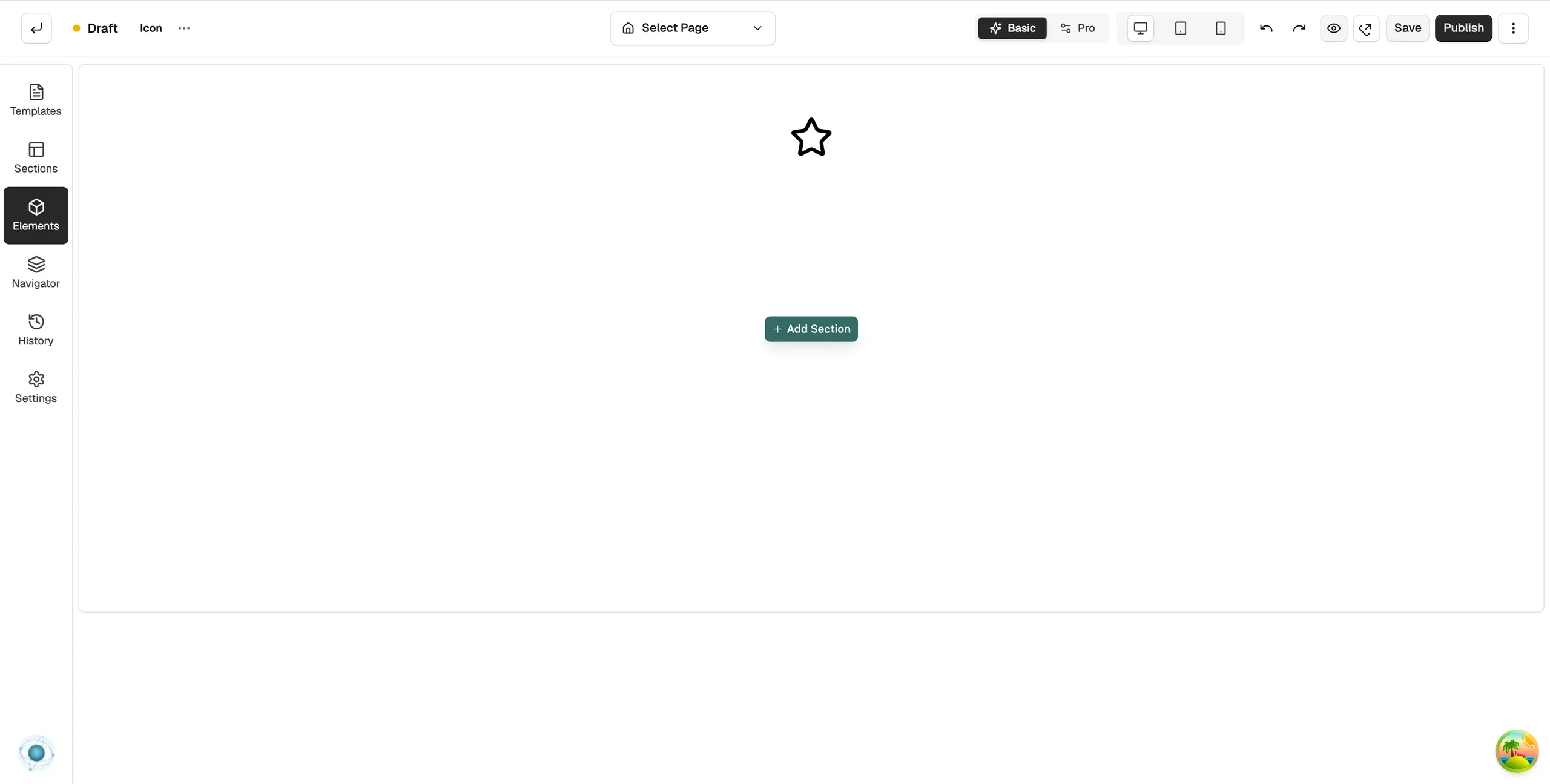 An Icon element on the page builder canvas