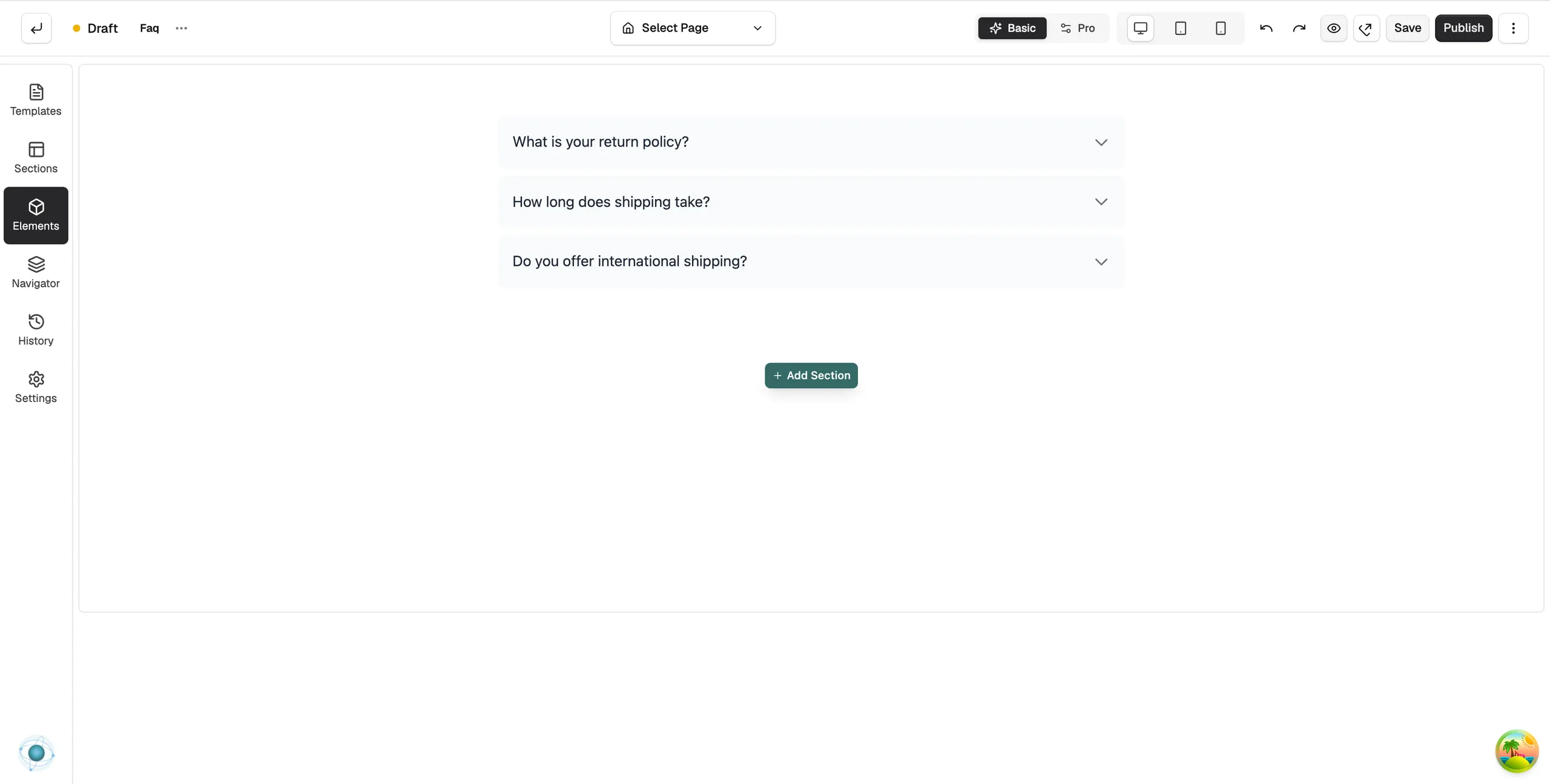 An FAQ element on the page builder canvas showing three closed questions