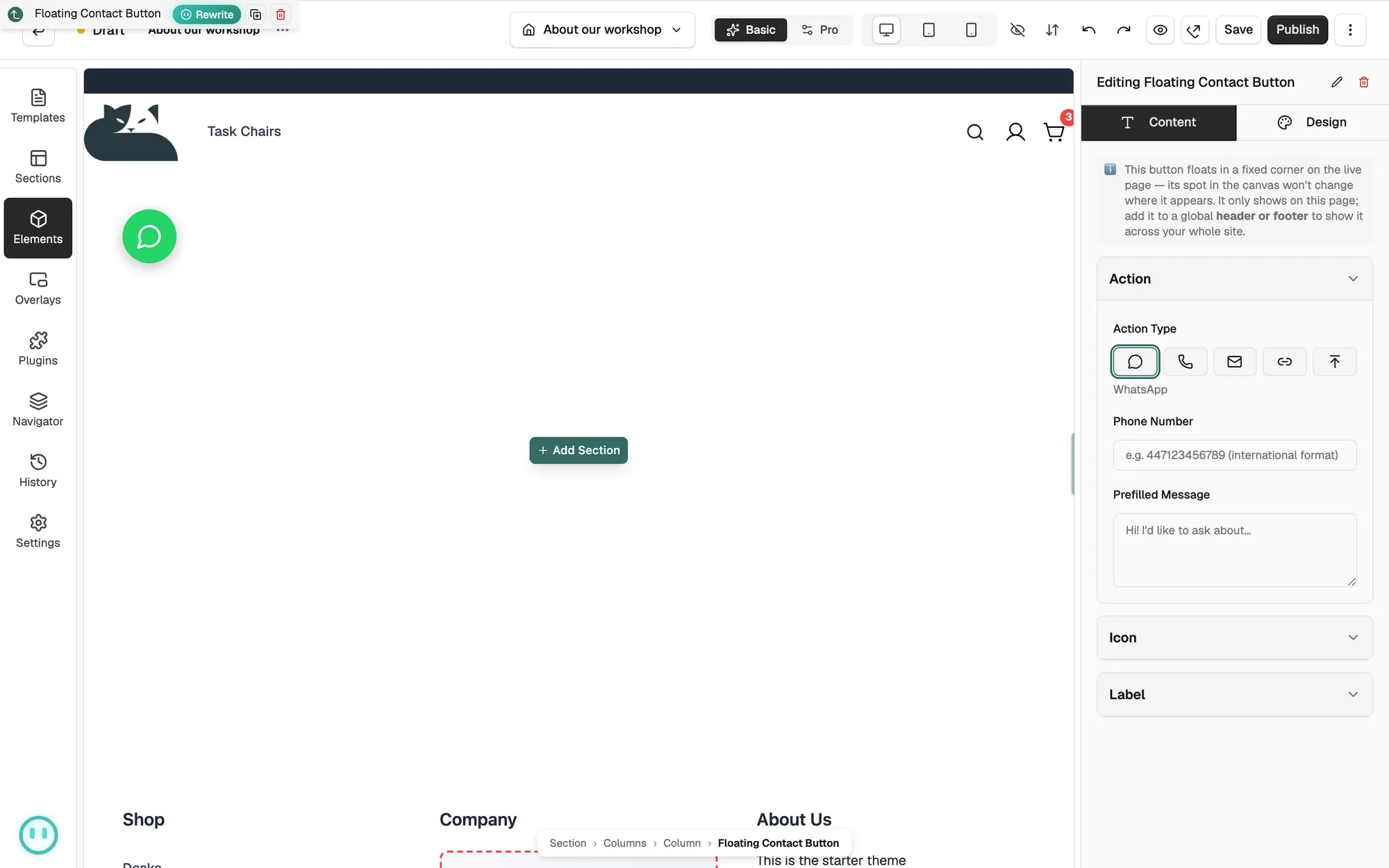 A floating contact button on the canvas with Action Type set to WhatsApp on the right.