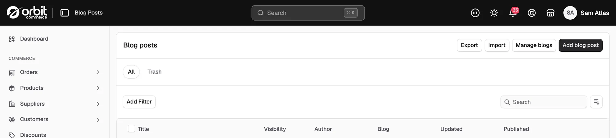 The Blog Posts page with the Export and Import buttons at the top right.