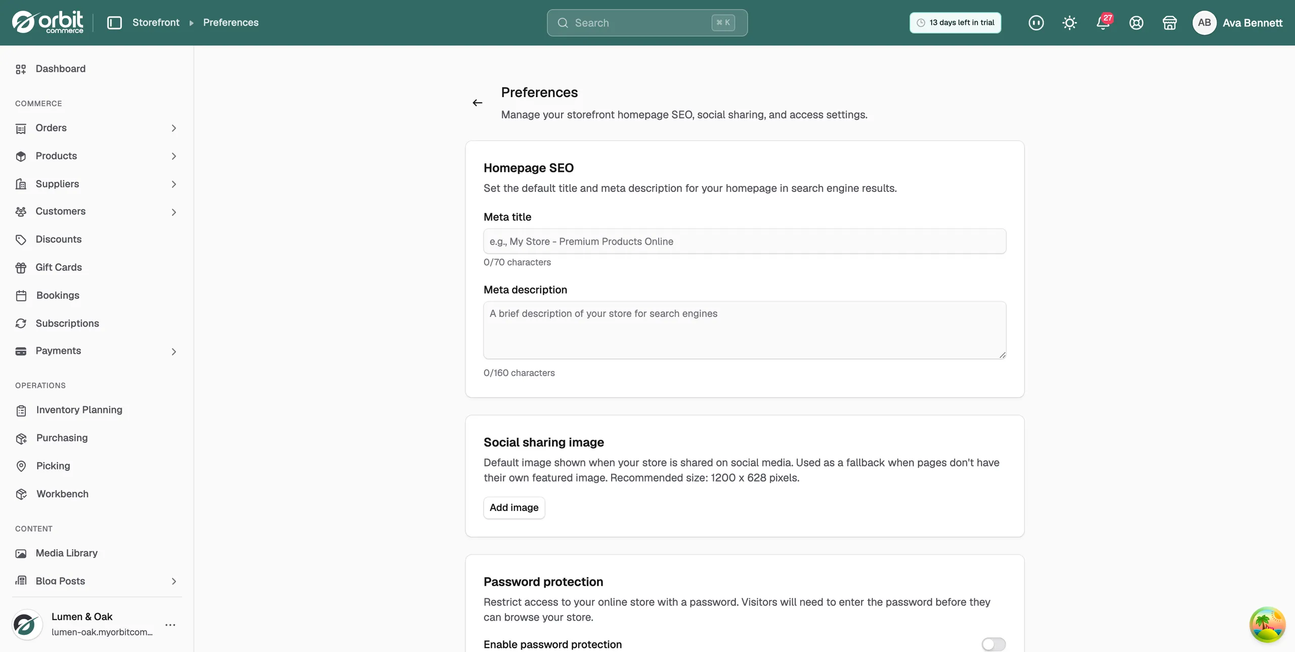 The Preferences page in the Orbit dashboard, showing the Homepage SEO and Social sharing image cards