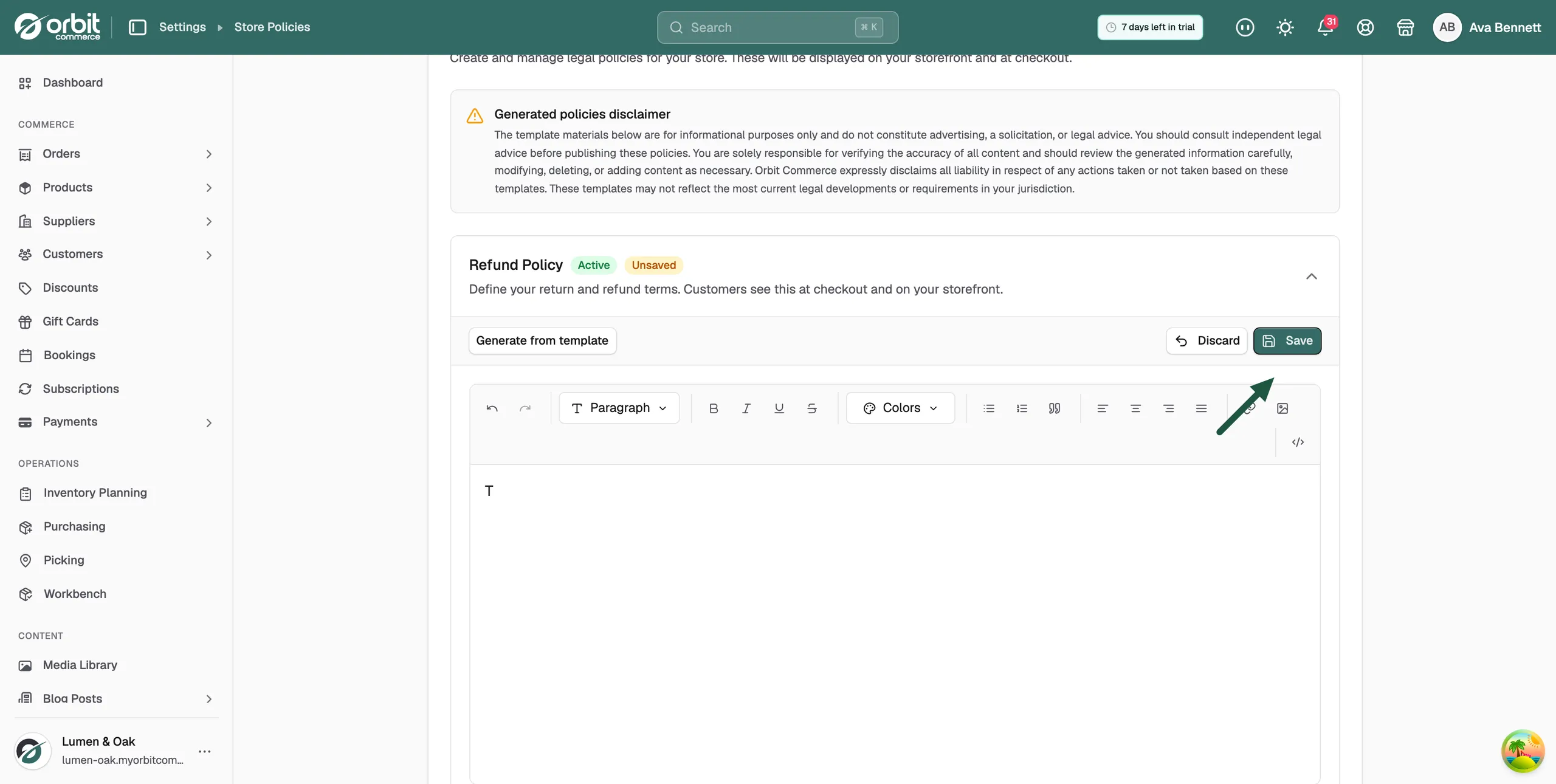 The policy editor with the formatting toolbar and the Save button