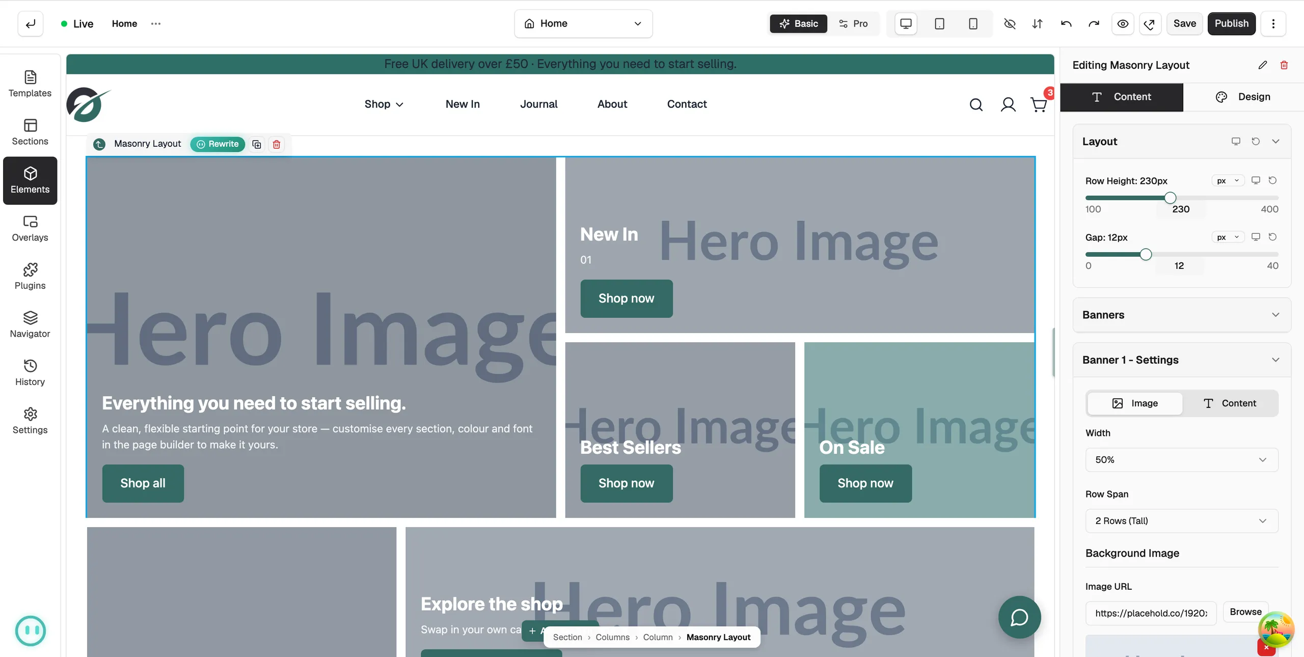 A selected element on the page builder canvas with its toolbar above it and the settings panel open on the right