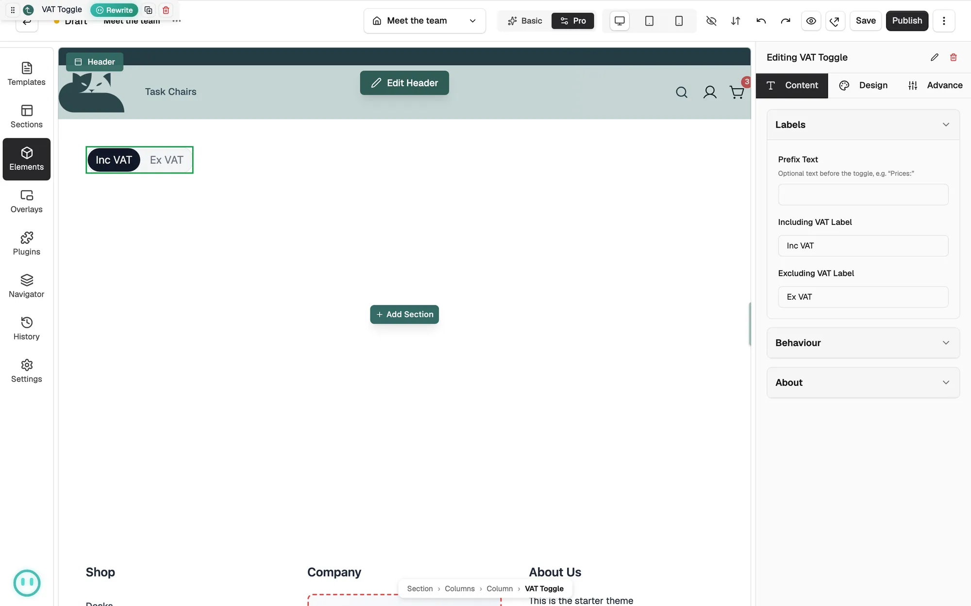 A VAT Toggle on the canvas with the Labels group open on the Content tab.