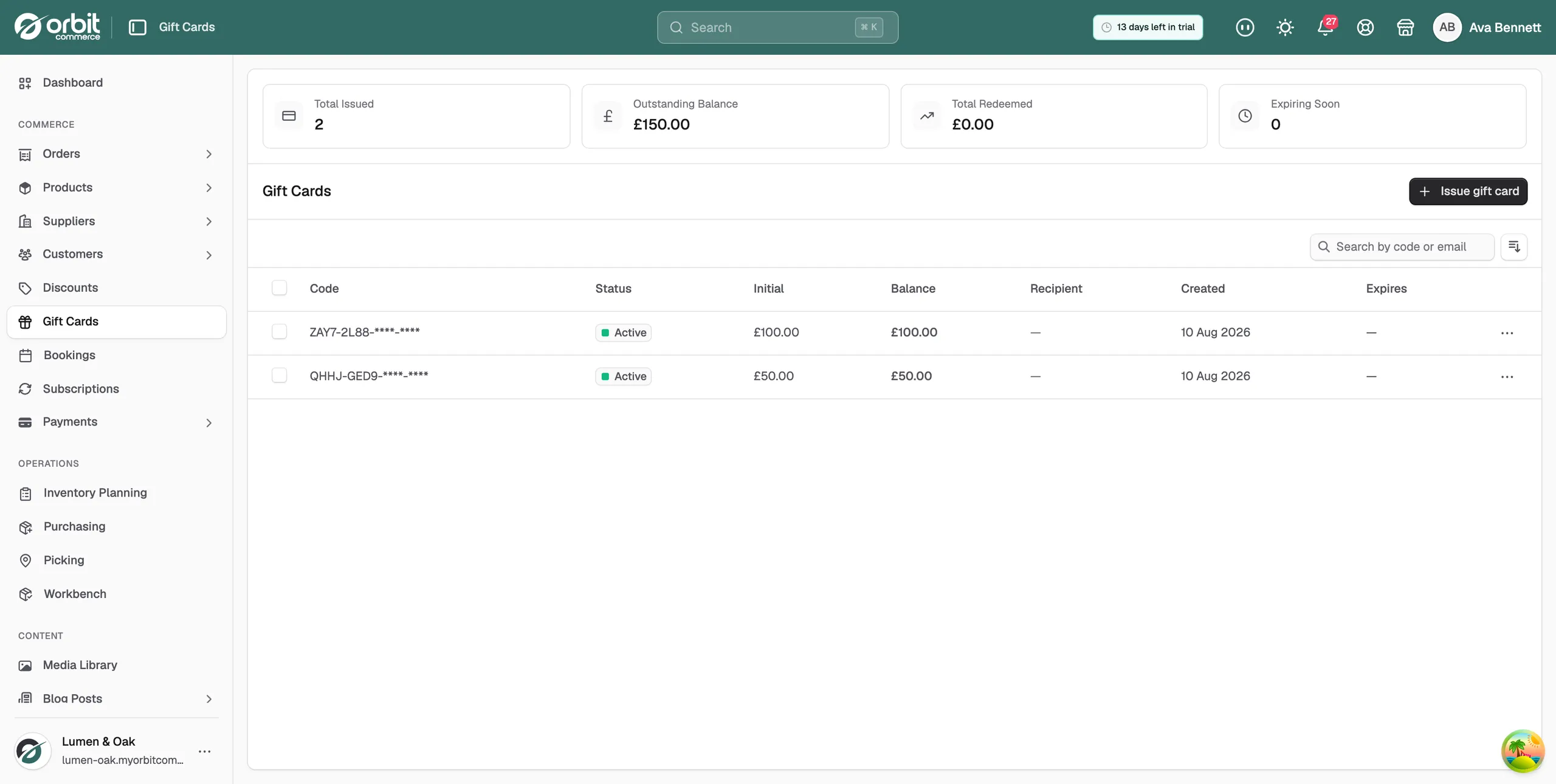 The Gift Cards page, with the four summary figures above the list of issued cards