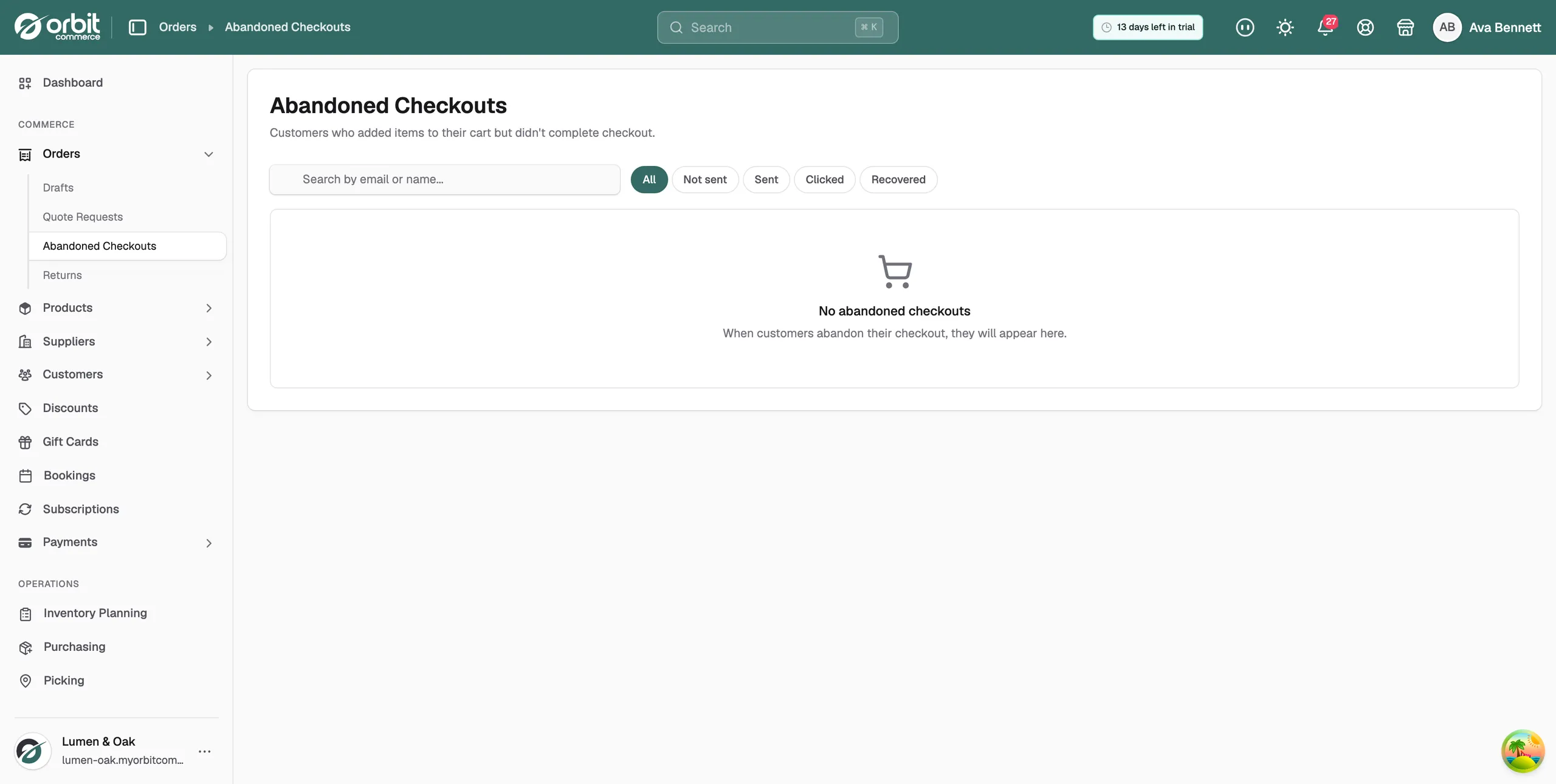 The Abandoned Checkouts list with the filter chips above it and one row per cart