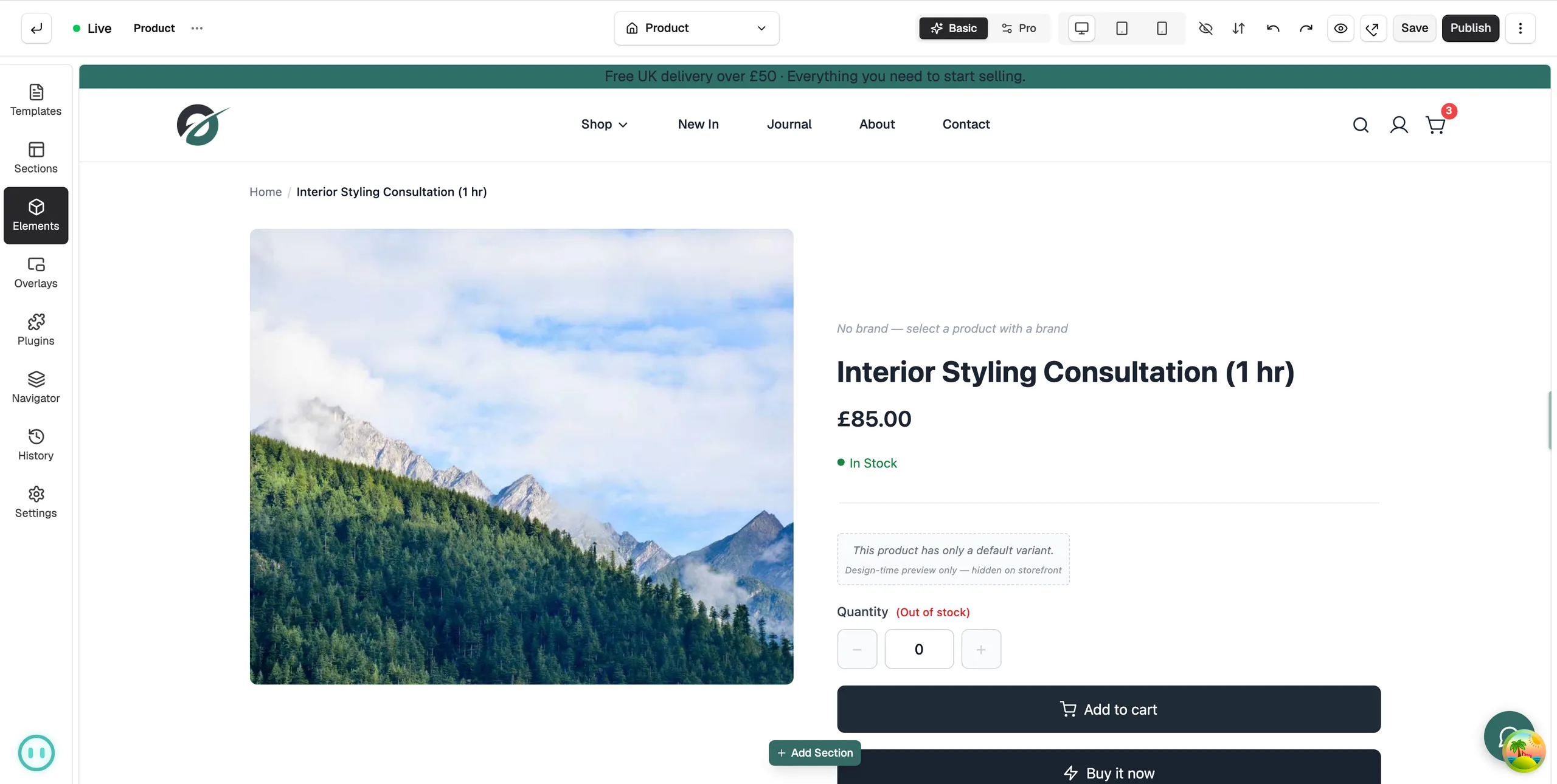 A product template open in the page builder, showing a product image, title, price, stock, quantity and Add to cart button