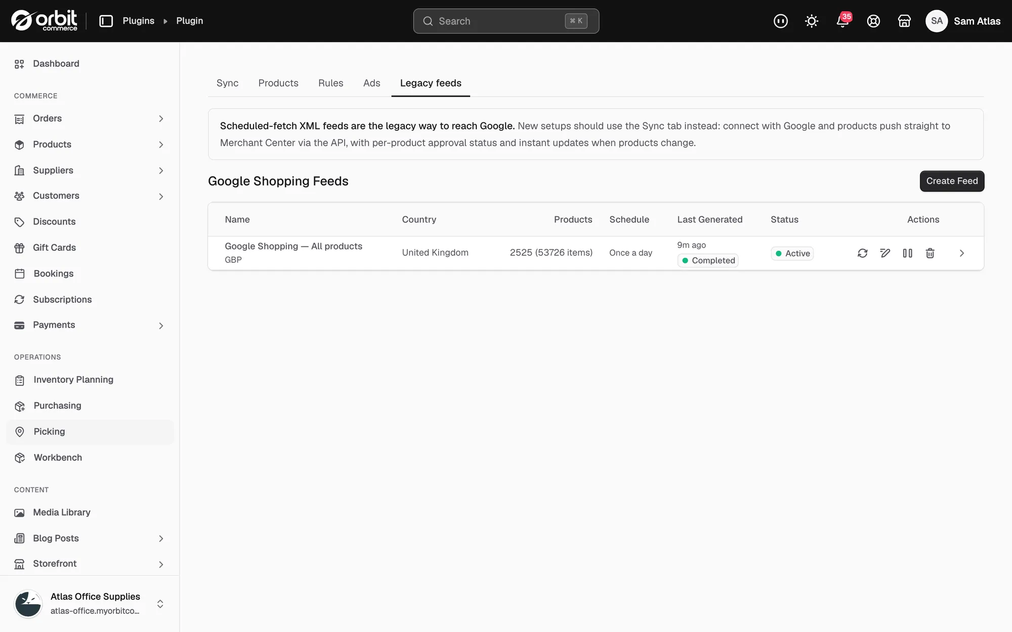 The Legacy feeds tab listing one scheduled XML feed with its country, product count and schedule.
