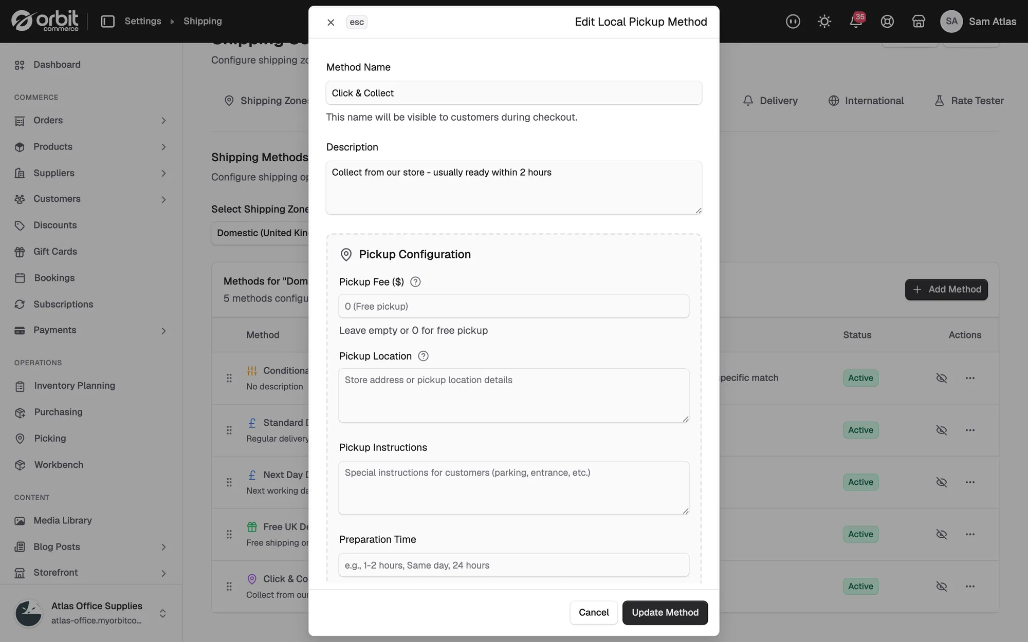 The pickup method's panel with the Pickup Configuration section and its fee, location, instructions and preparation time fields.
