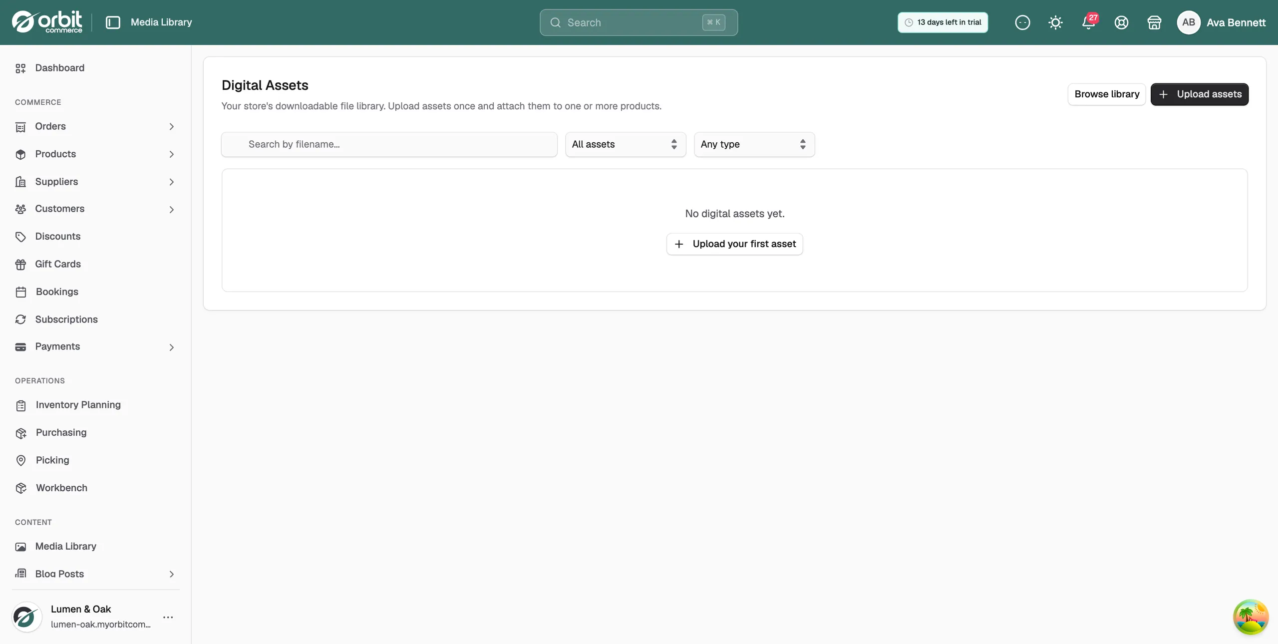 The Digital Assets library with the Browse library and Upload assets buttons, search and filter fields, and an empty state