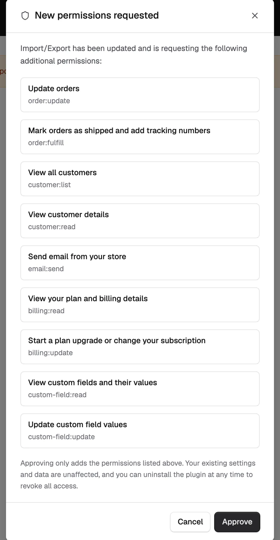 The New permissions requested window listing only the permissions the update adds.