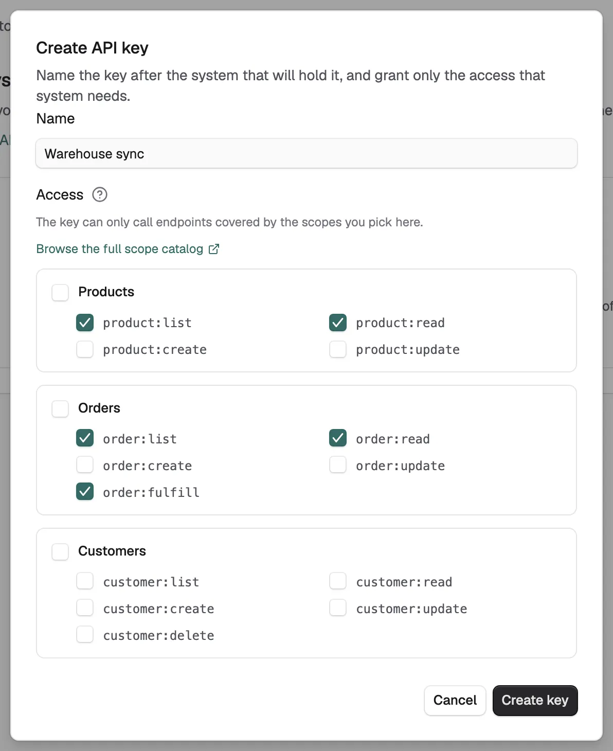 The Create API key dialog with a name filled in and read scopes ticked under Products and Orders.