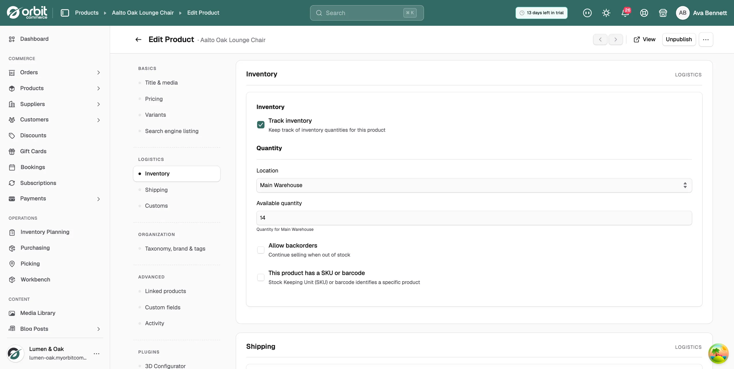 The Inventory section of the product editor with its fields