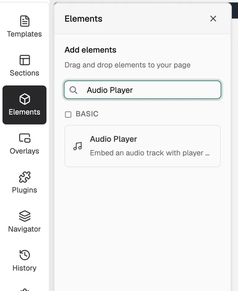 The Elements panel with Audio Player found in the Basic group.