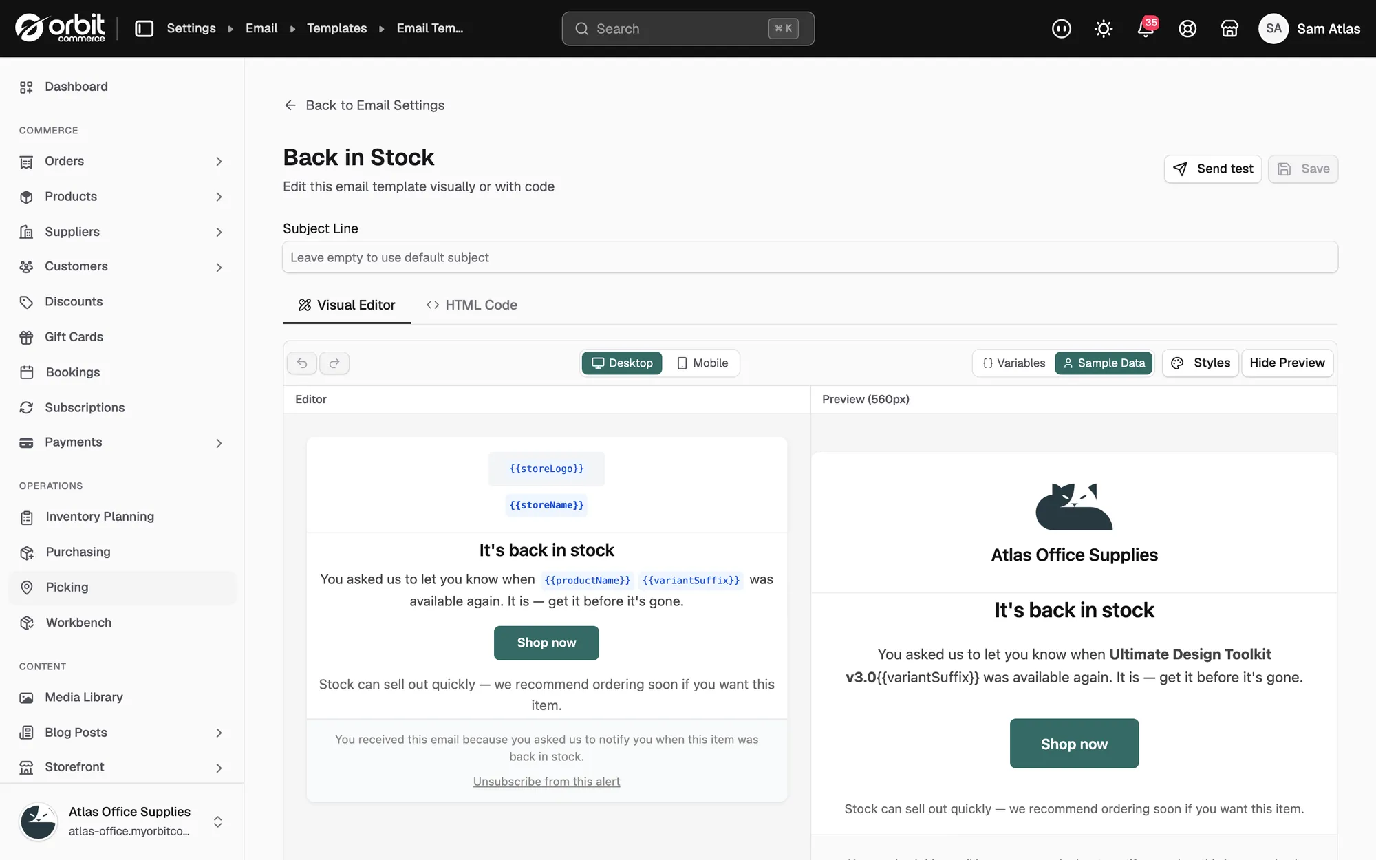 The Back in Stock template open in the visual editor with a preview of the email beside it.