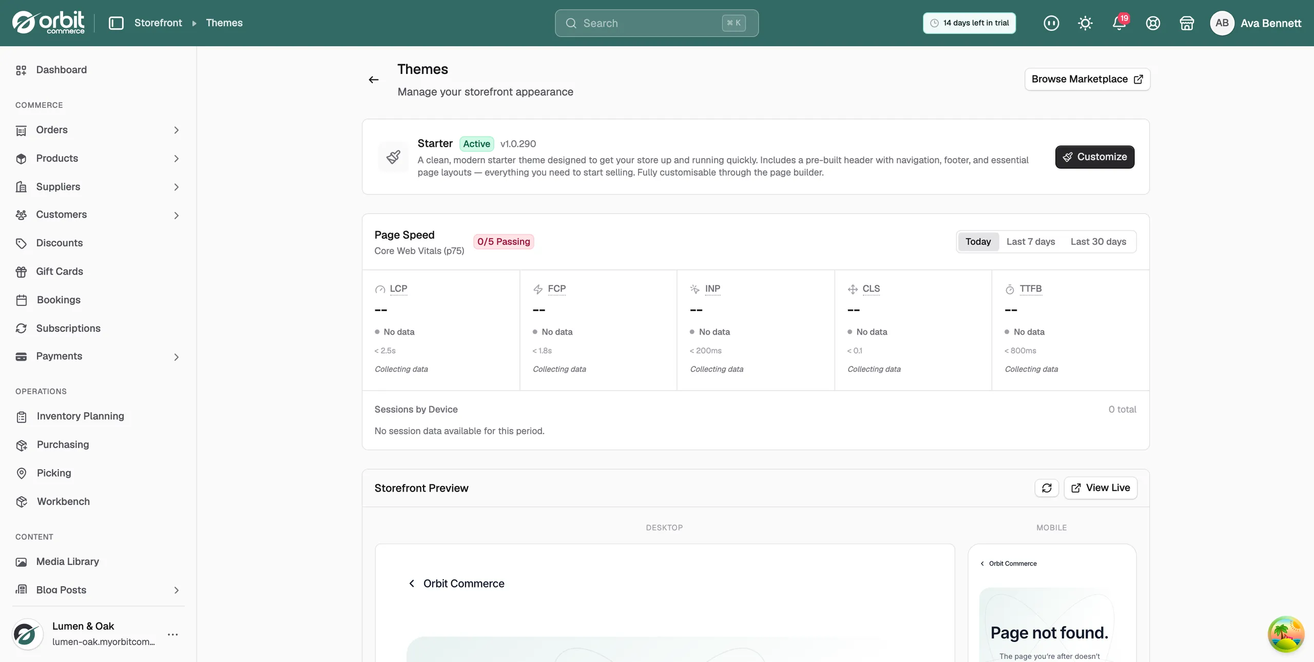 The Themes page with the Starter theme at the top, its green Active badge, and the Customize button
