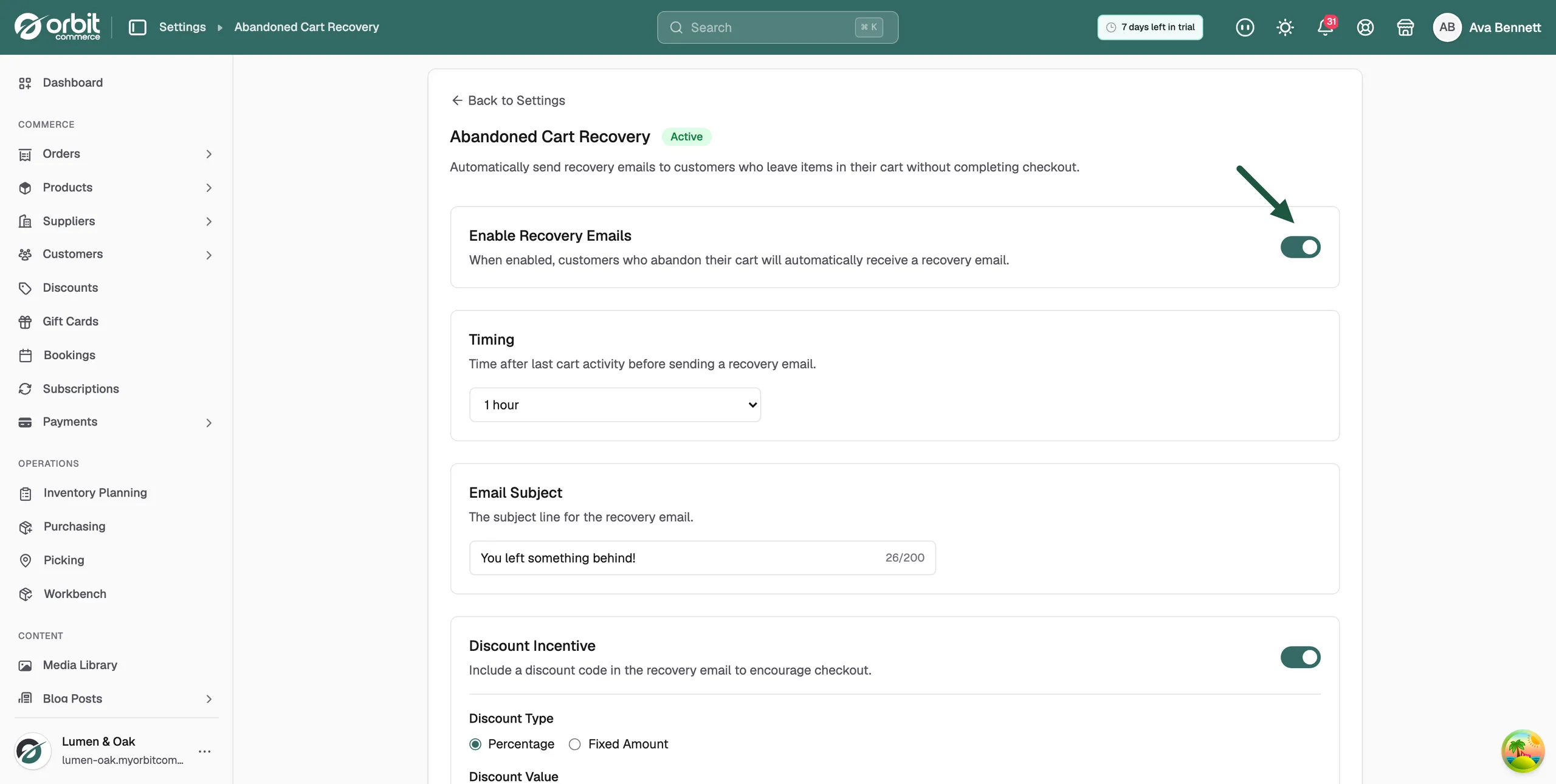 The Enable Recovery Emails card with the toggle switched on