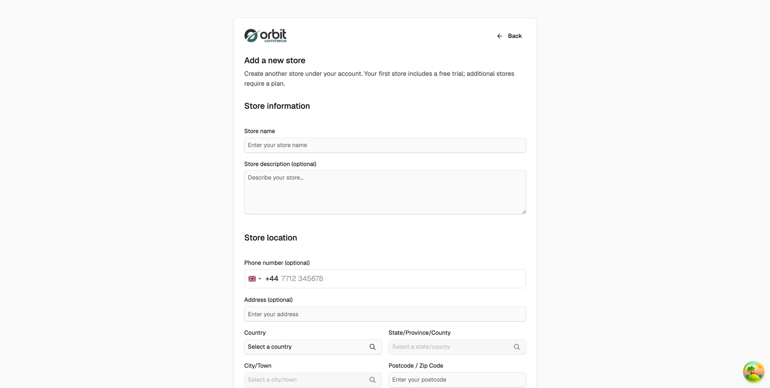The Add a new store page, with the store name, description and location fields