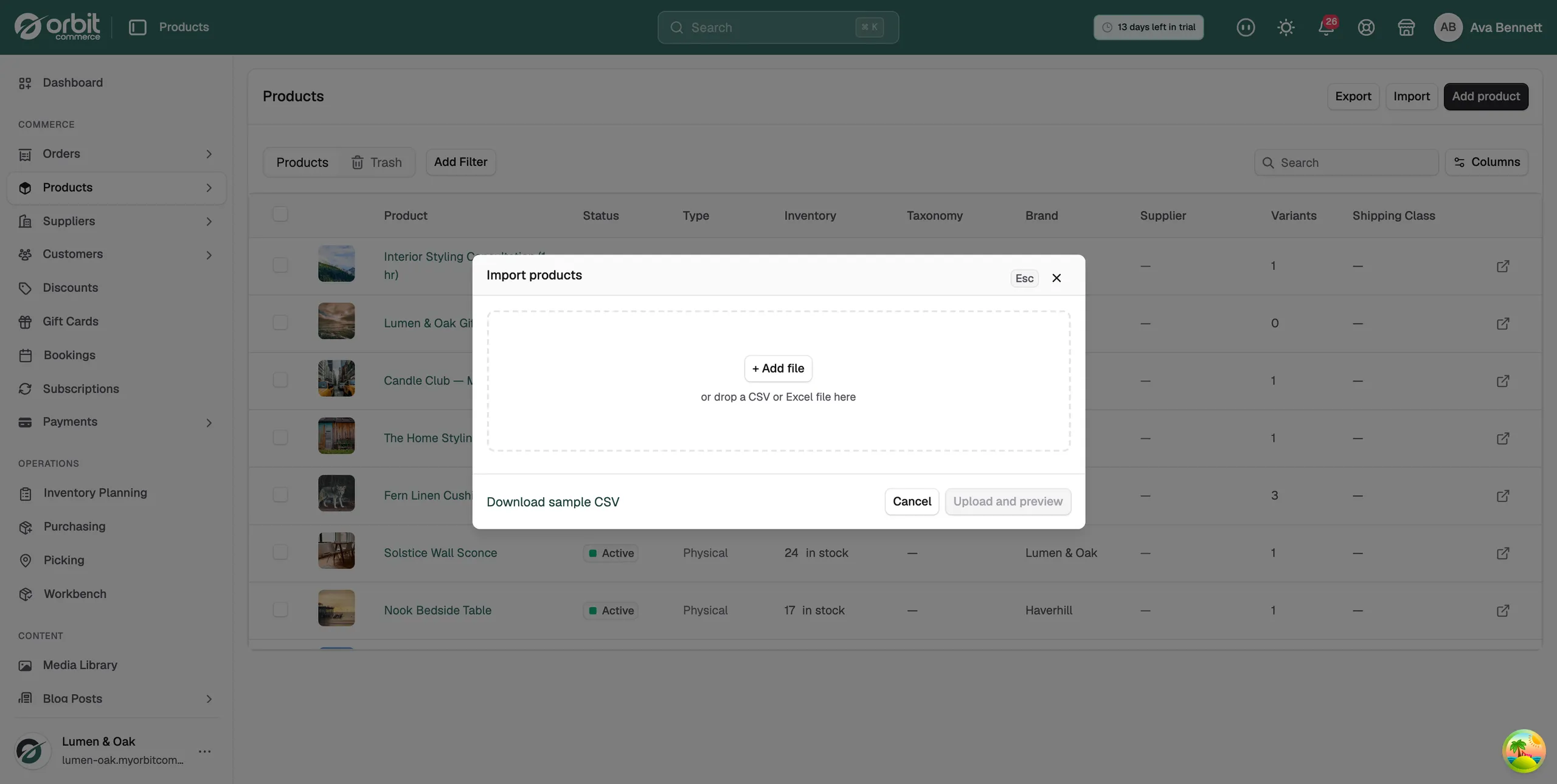 The Import products dialog, with the file chosen and the create and update options below it