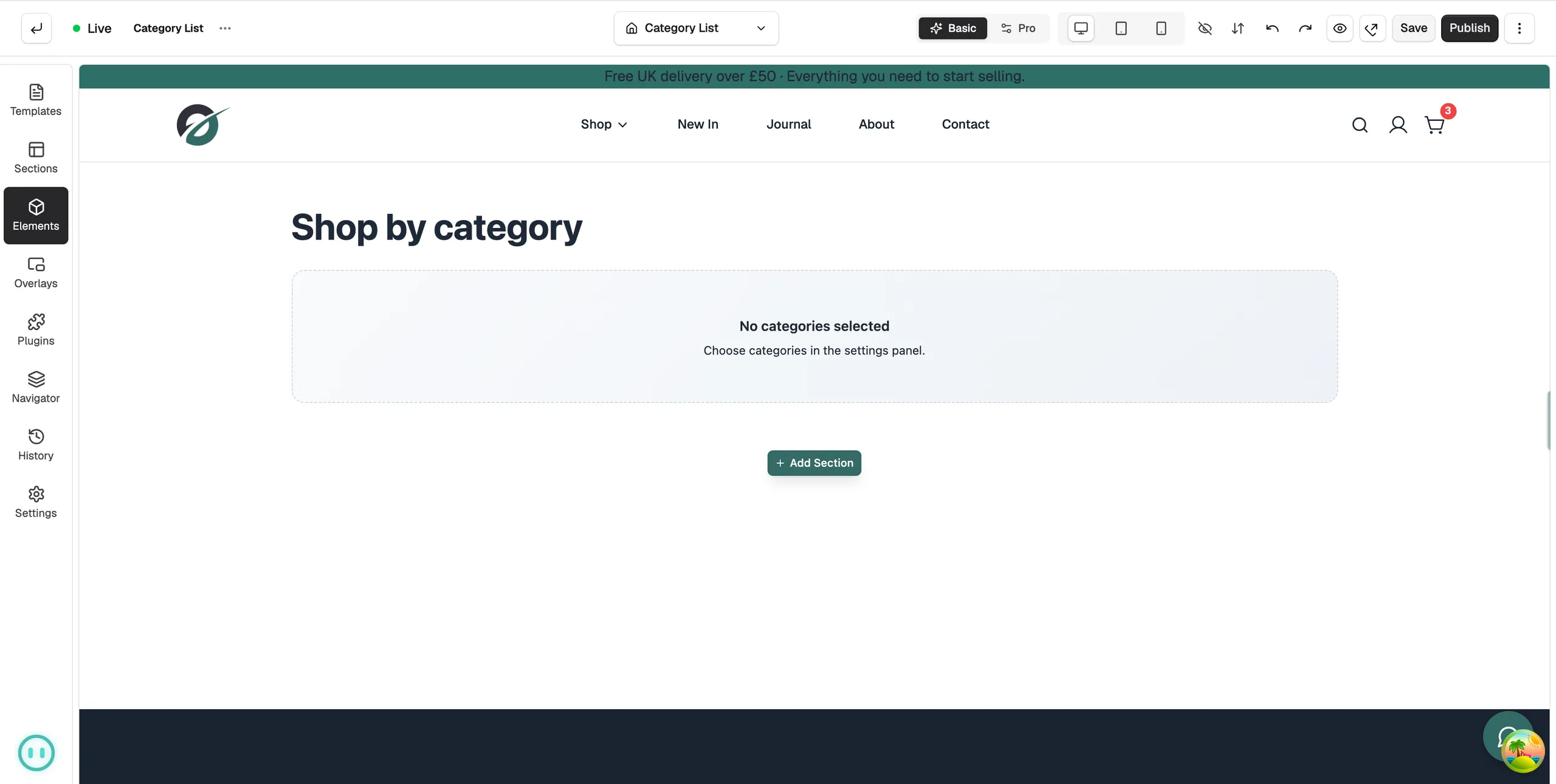 A Category List template open in the page builder, with a Shop by category heading and a Category Grid reading No categories selected