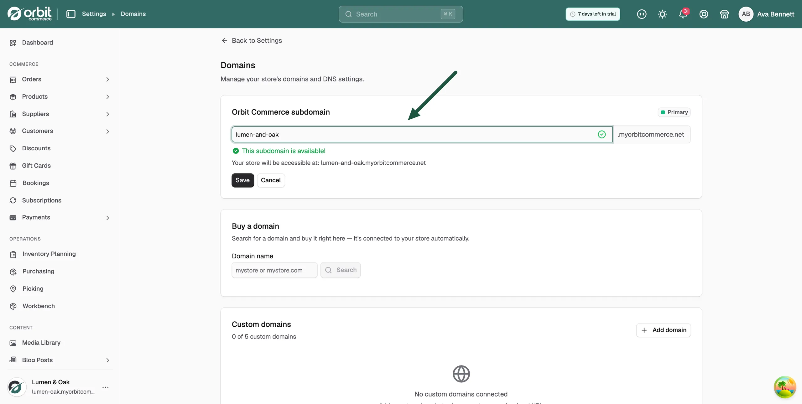 The change subdomain form with an availability check and Save button