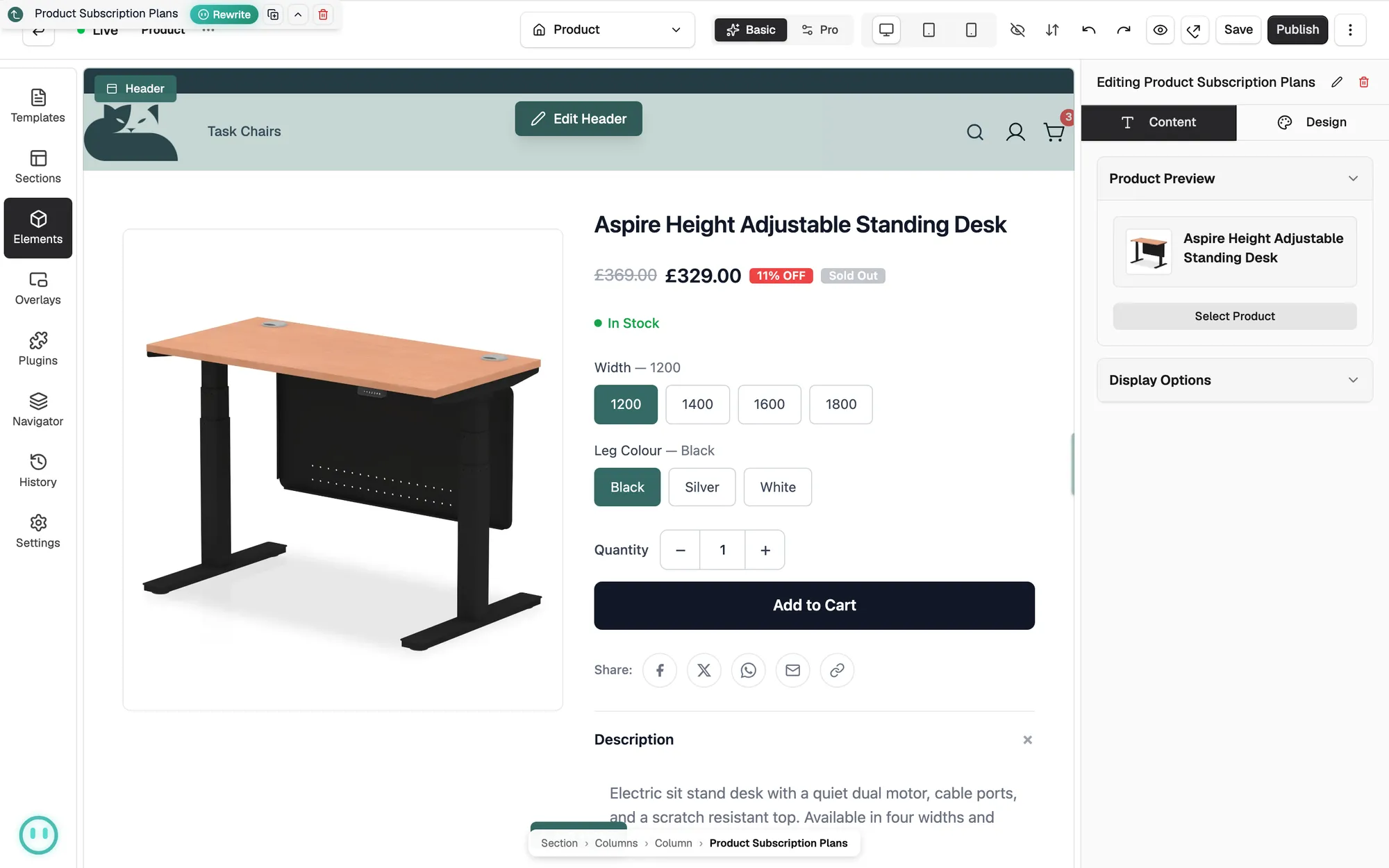 The Product Subscription Plans settings on a product template, showing Product Preview and Display Options.