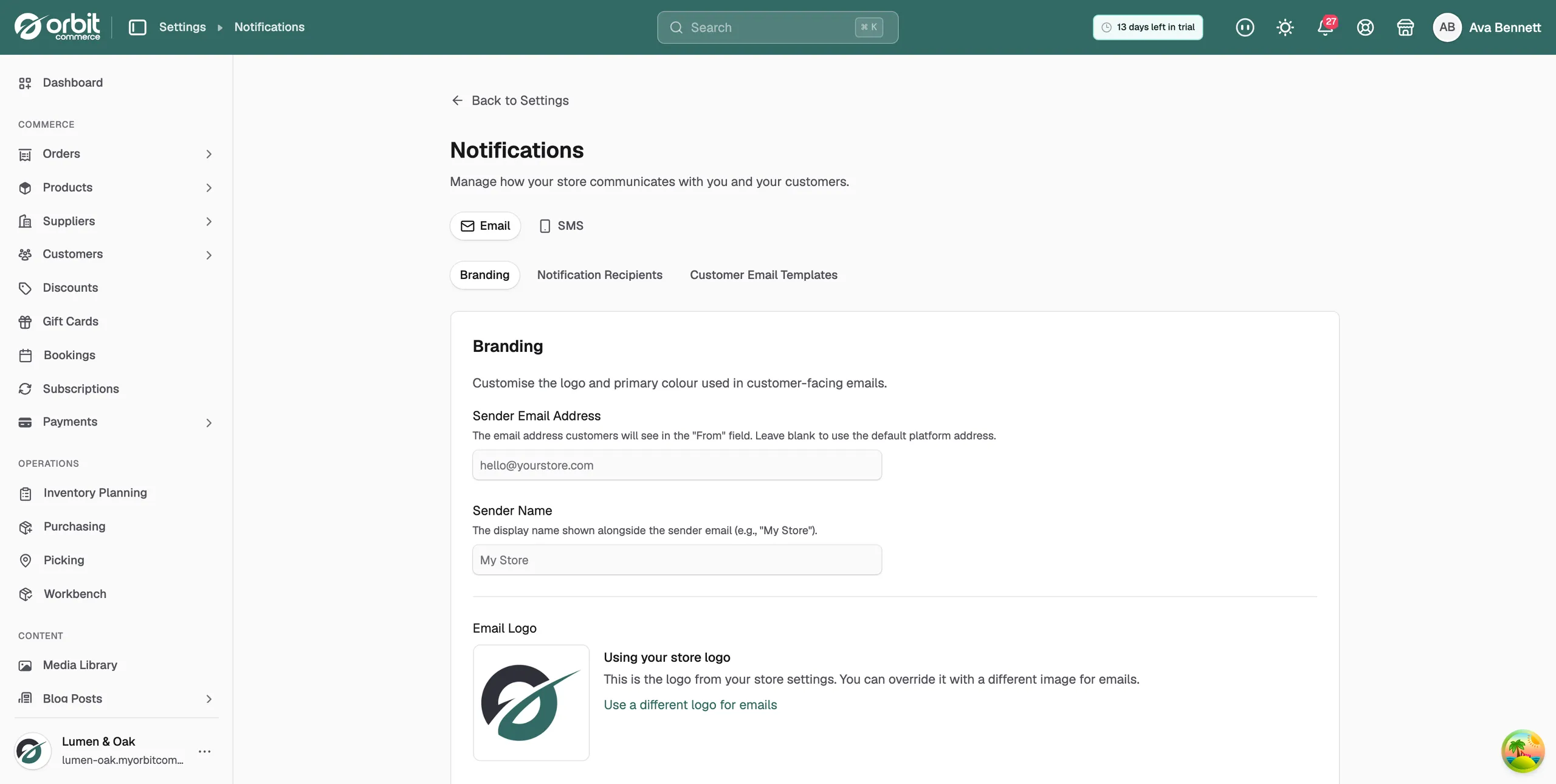 The Notifications page with the Email and SMS tabs and the Branding inner tab open