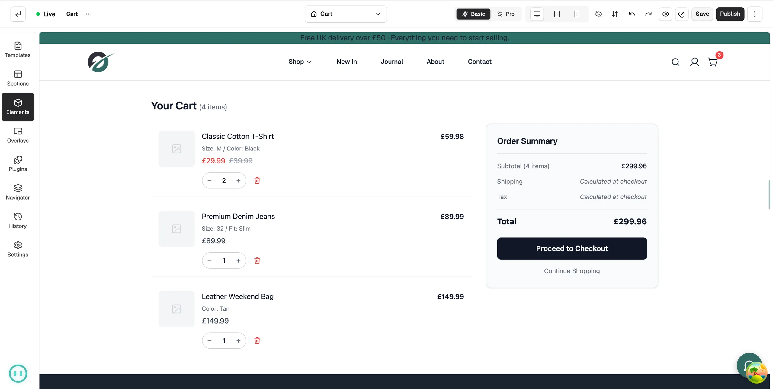 The cart template open in the page builder, showing sample basket items on the left and the order summary on the right