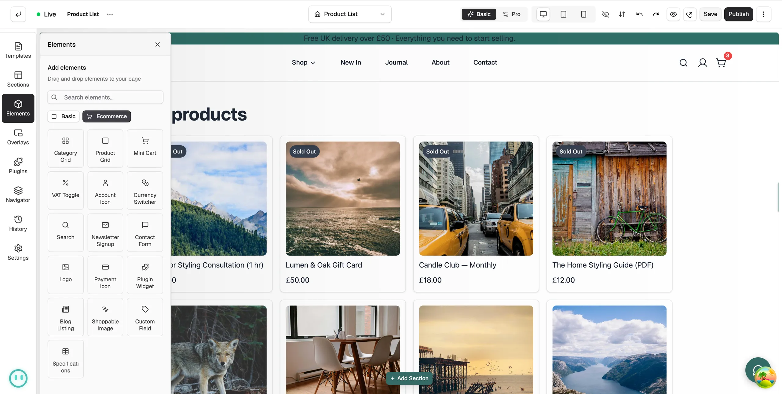 The Elements panel open on the Ecommerce tab, showing the Category Grid, Product Grid, Mini Cart and other ecommerce tiles