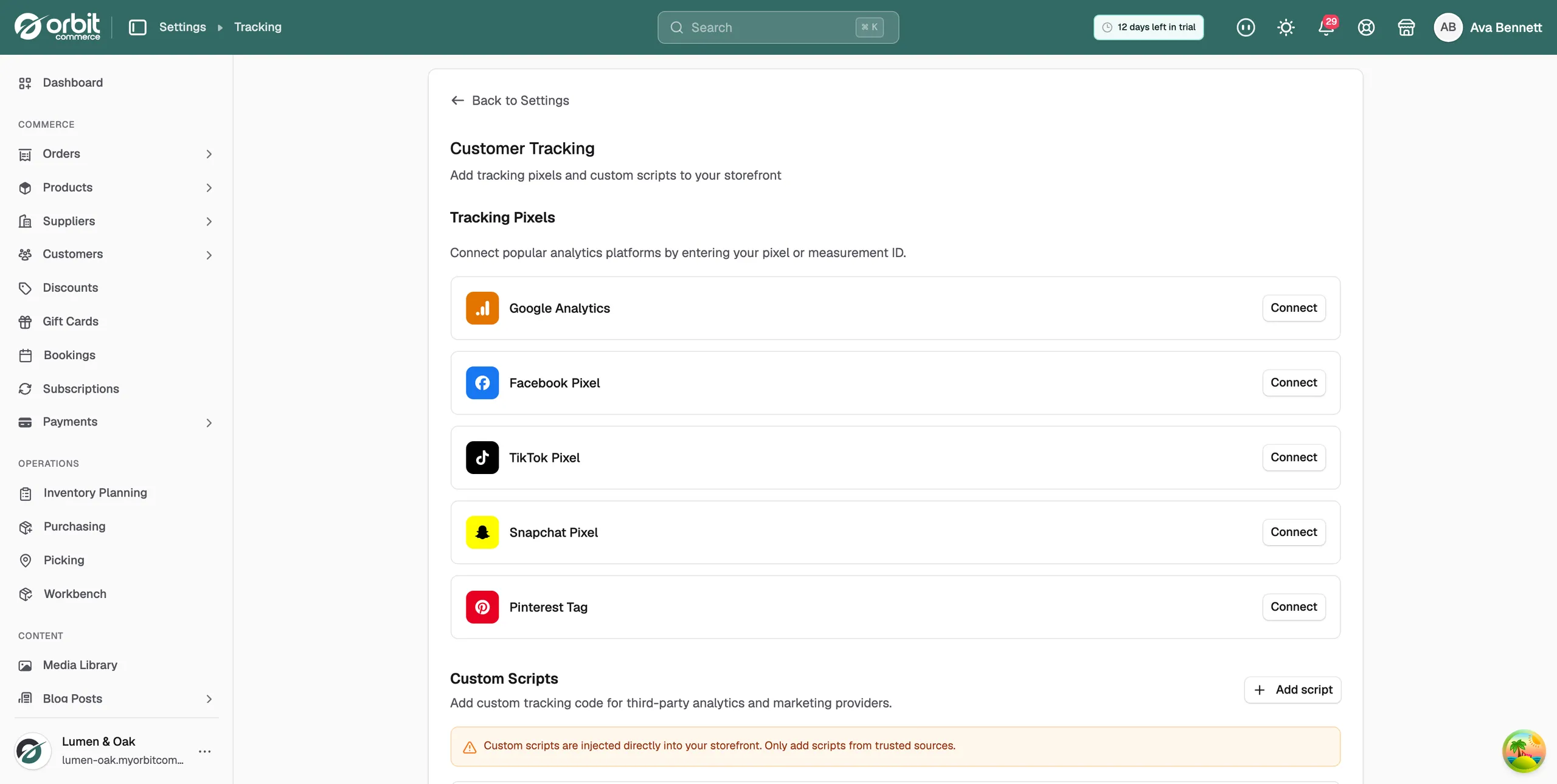 The Customer Tracking page, with the six tracking pixel rows and the Custom Scripts section below