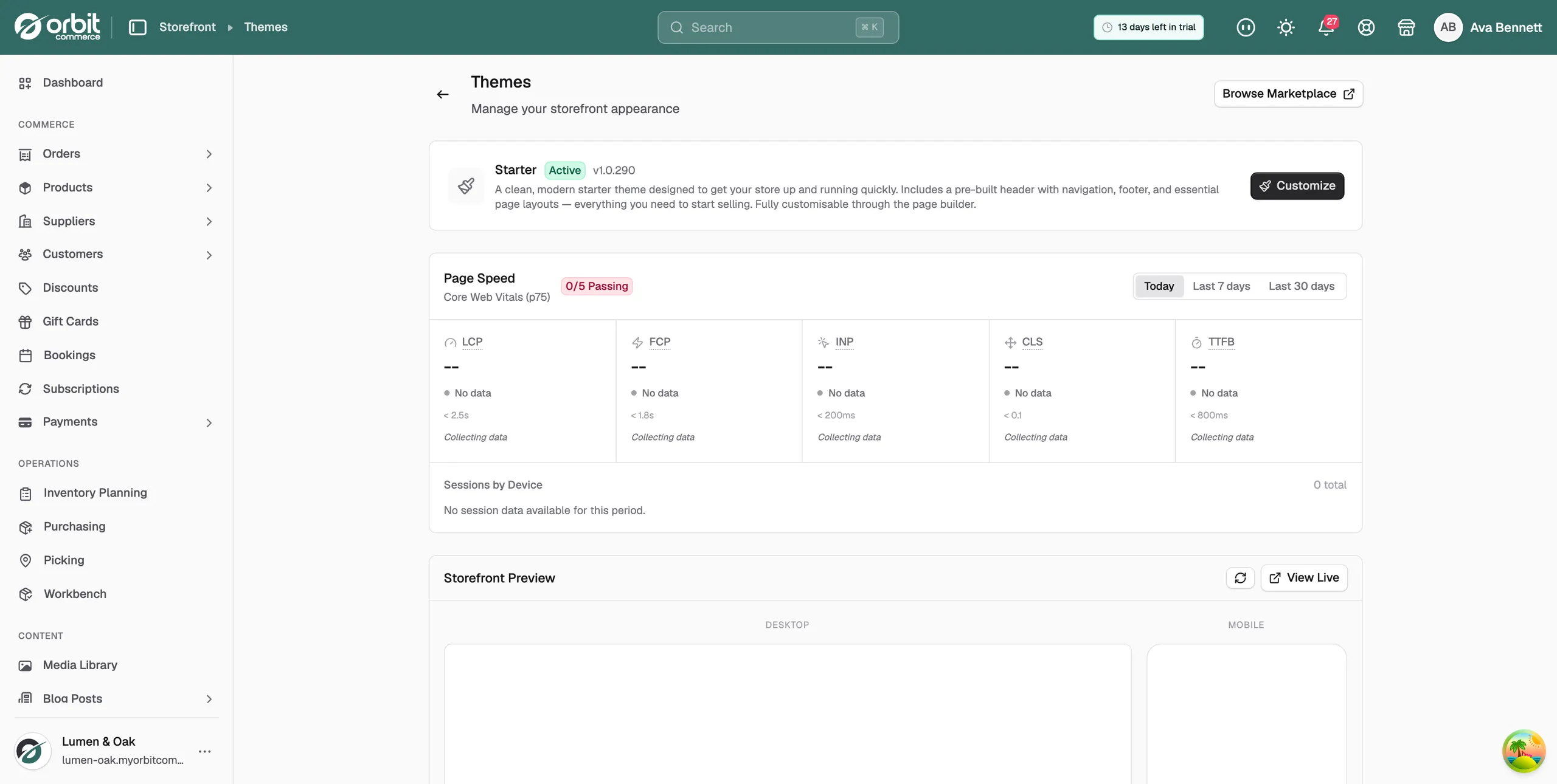 The Themes page in the Orbit dashboard, showing the active theme with its Active badge, the Page Speed panel and the storefront preview