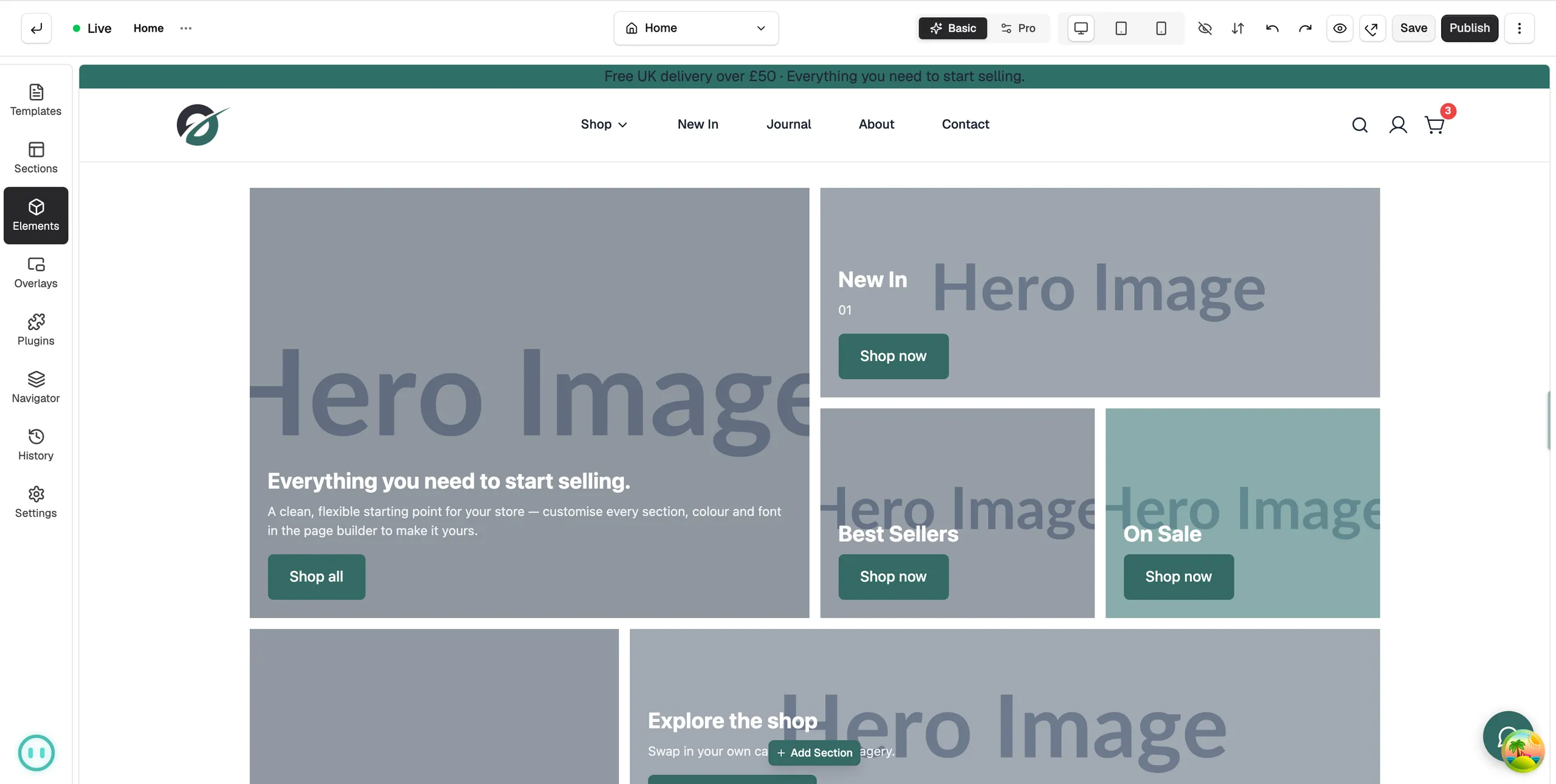 The page builder header with the Live status, the Basic and Pro toggle, device icons, preview controls and the Save and Publish buttons
