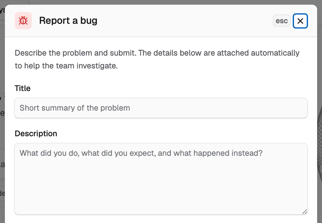The Report a bug form, with the Title and Description fields ready to fill in.