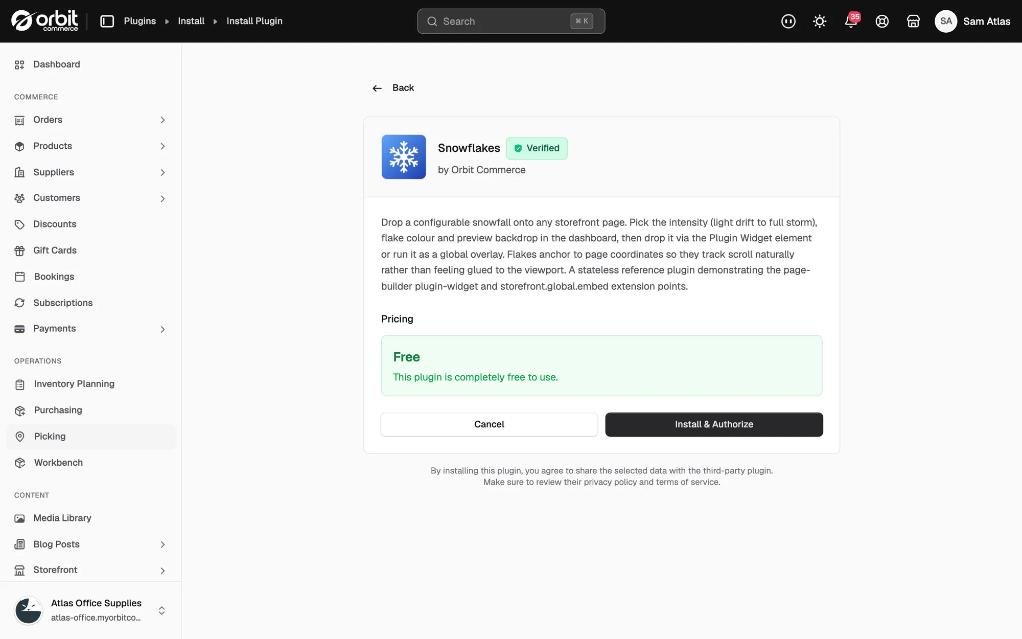 The Snowflakes details page with its free pricing and the Install and Authorize button.