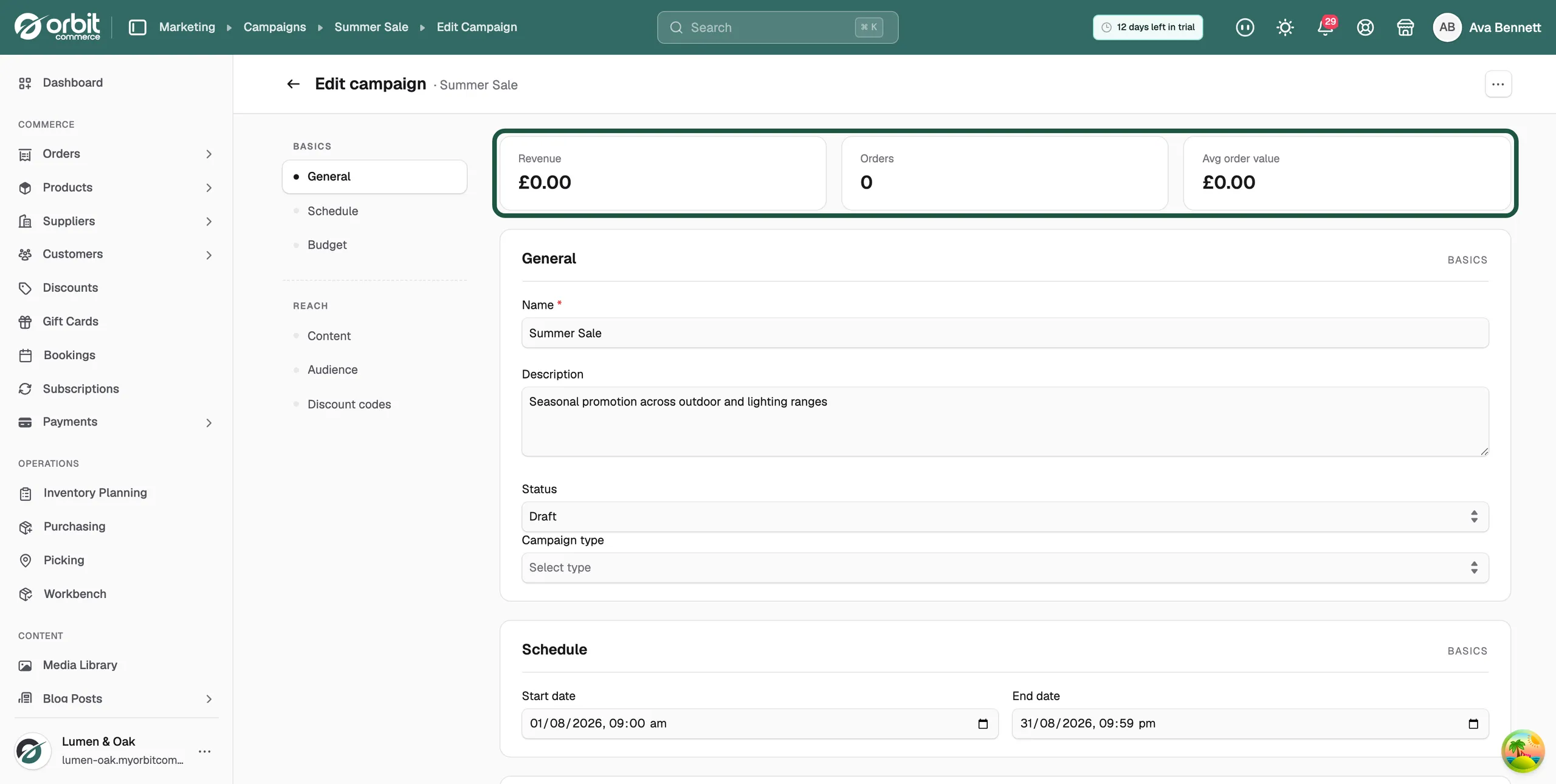 An existing campaign showing the Revenue, Orders and Avg order value figures above the form