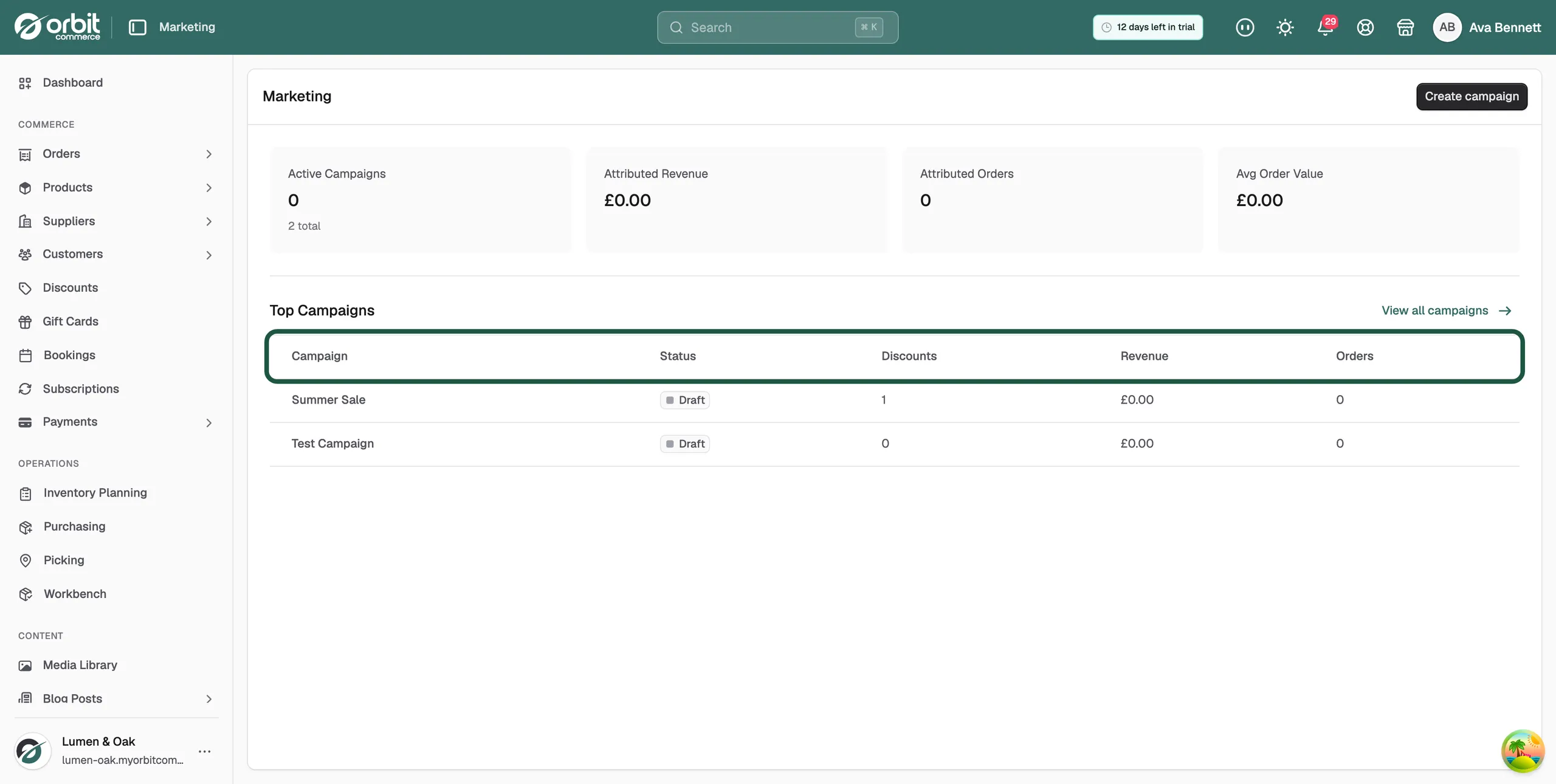 The Top Campaigns table showing campaign name, status, discounts, revenue and orders