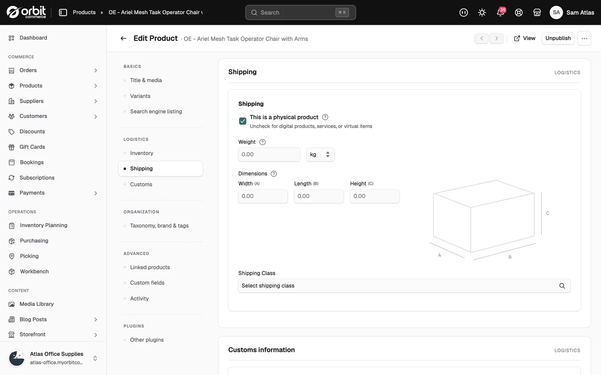 The Shipping section of a product with This is a physical product ticked and the Shipping Class field below it.
